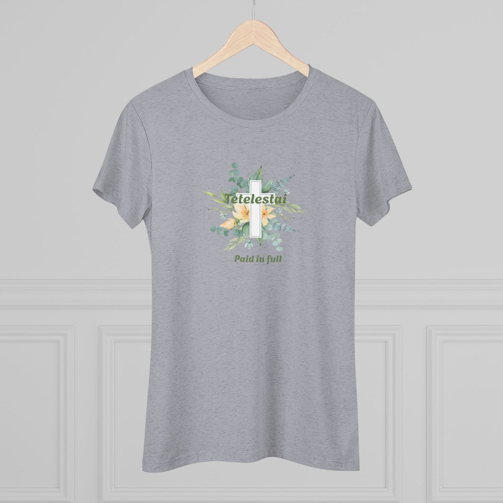 Christian Women's Tee — "Paid in Full" Tetelestai Floral Cross Faith T-Shirt