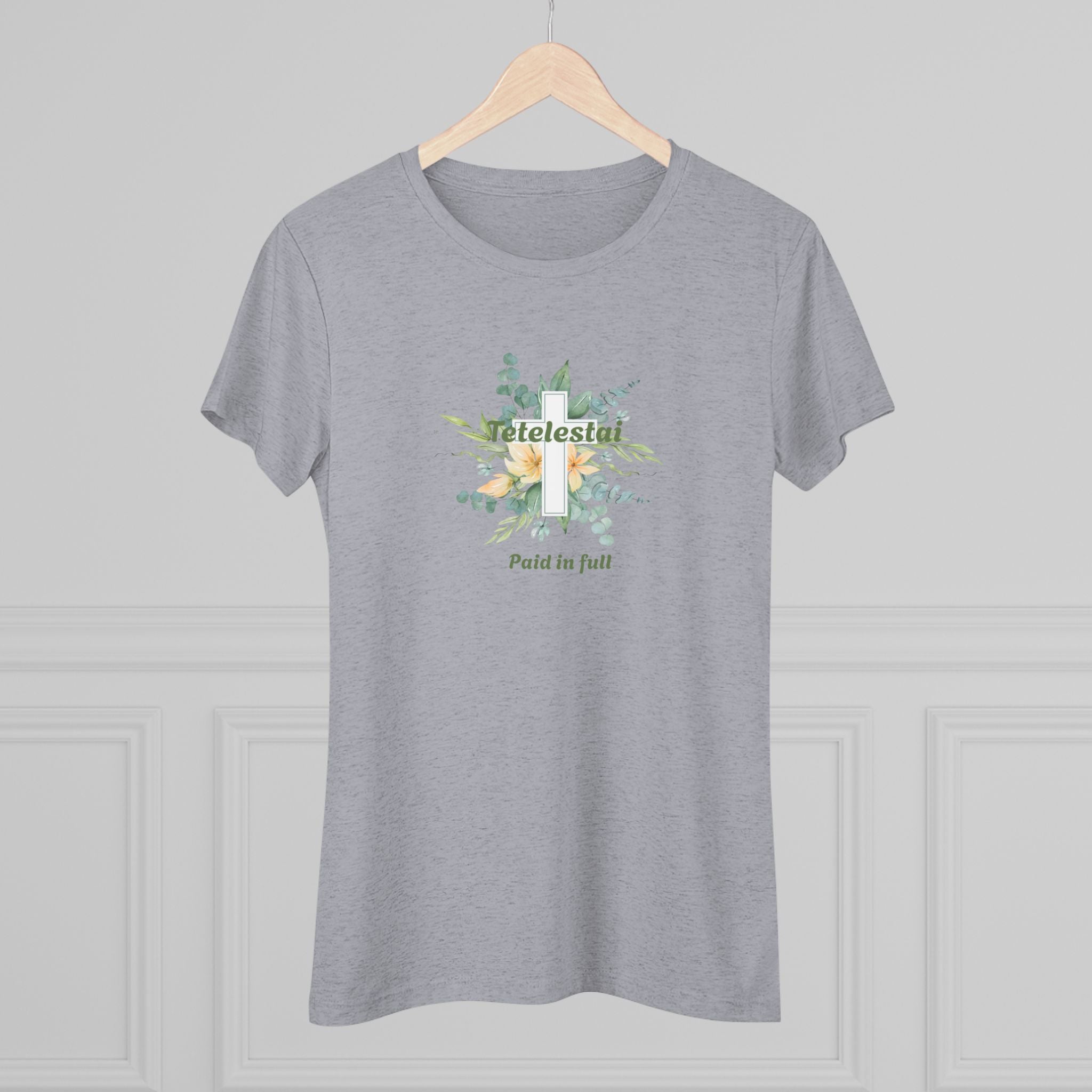 Christian Women's Tee — "Paid in Full" Tetelestai Floral Cross Faith T-Shirt