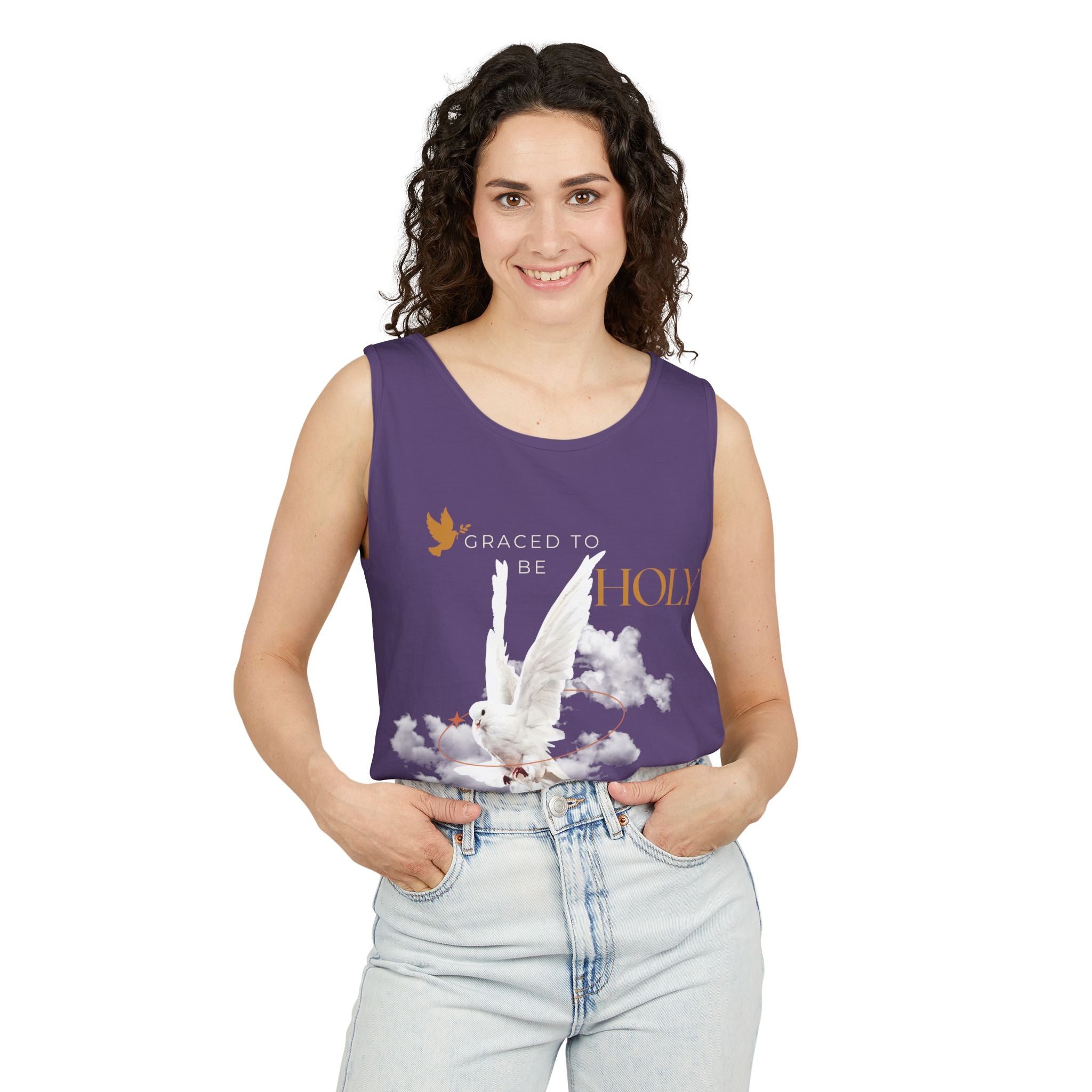 Christian Tank Top — "Graced to Be Holy" Dove Graphic Christian Tank