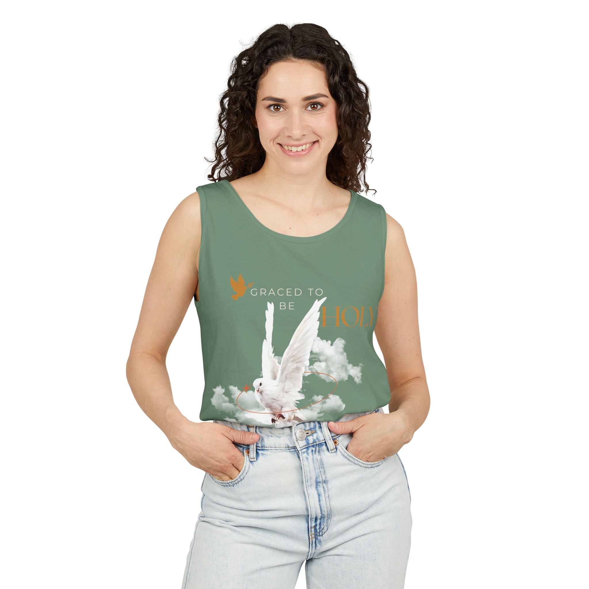Christian Tank Top — "Graced to Be Holy" Dove Graphic Christian Tank