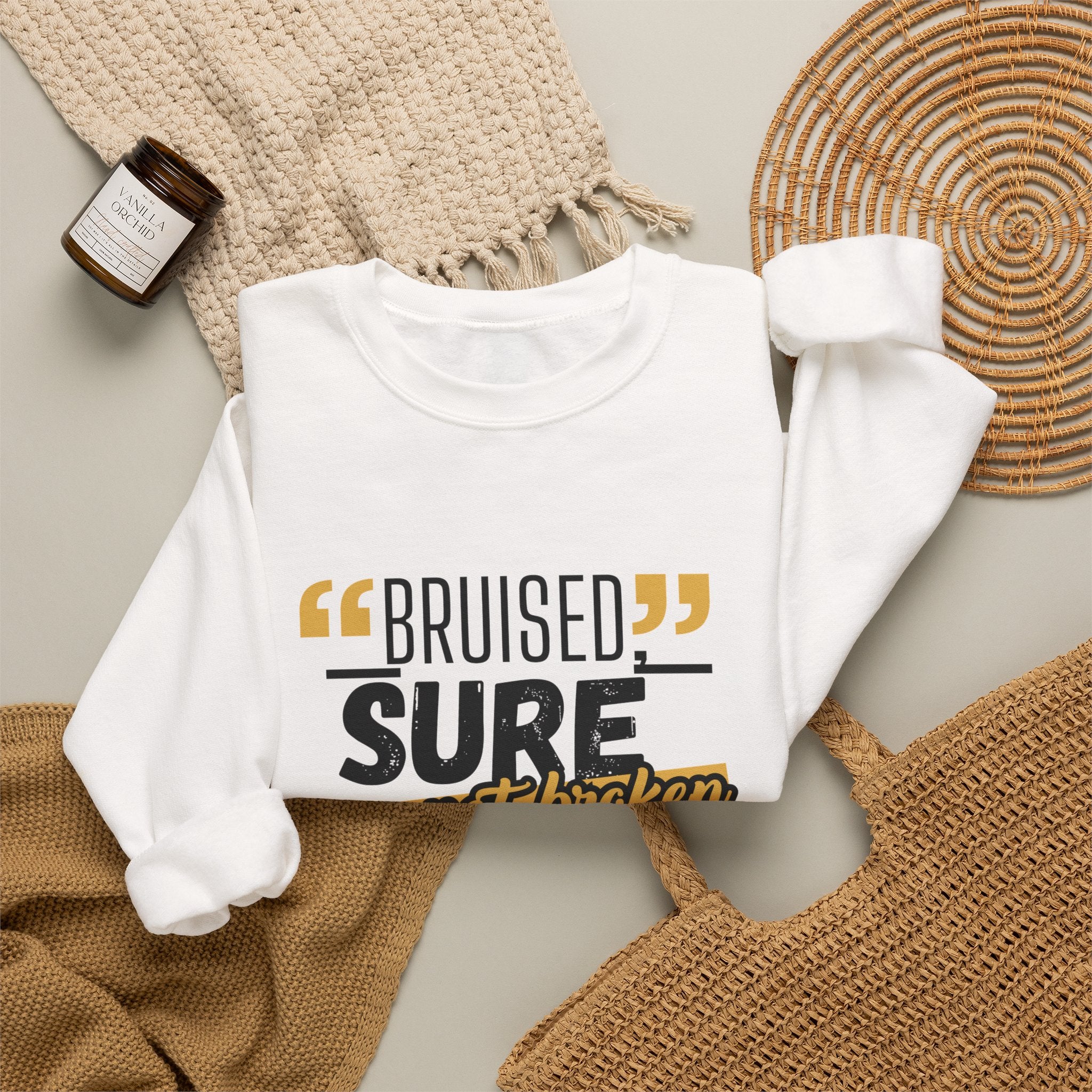 Christian Crewneck Sweatshirt — "Bruised, Sure Not Broken" Inspirational Recovery Sweatshirt