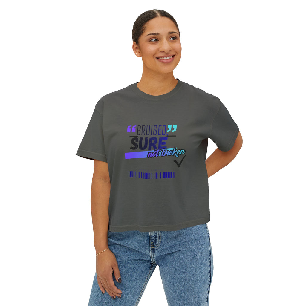 Christian Women's Boxy Tee — "Bruised Sure Not Broken" Retro Surf Faith T-Shirt