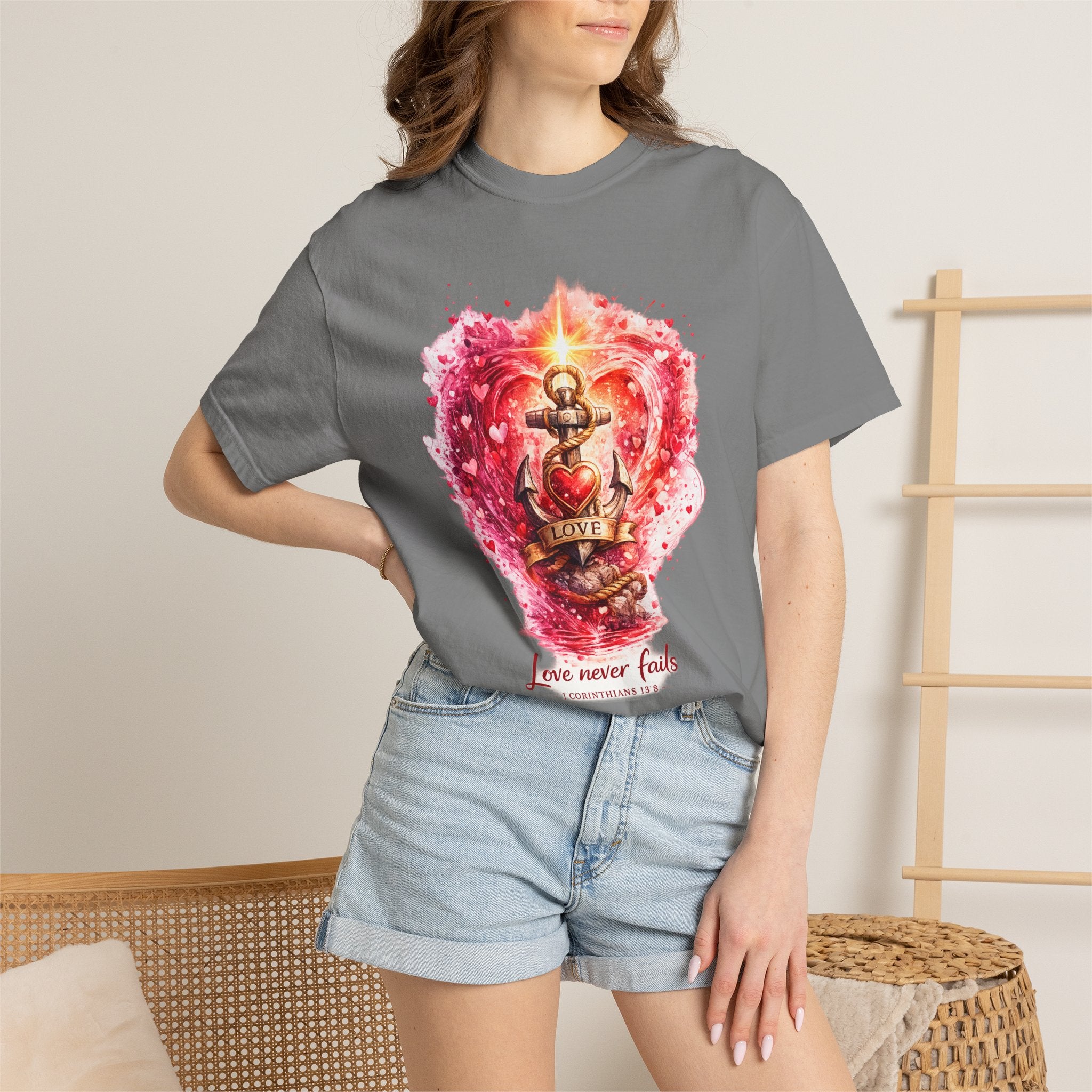 Christian T‑Shirt — 'Love Never Fails' Anchor Heart Graphic Tee