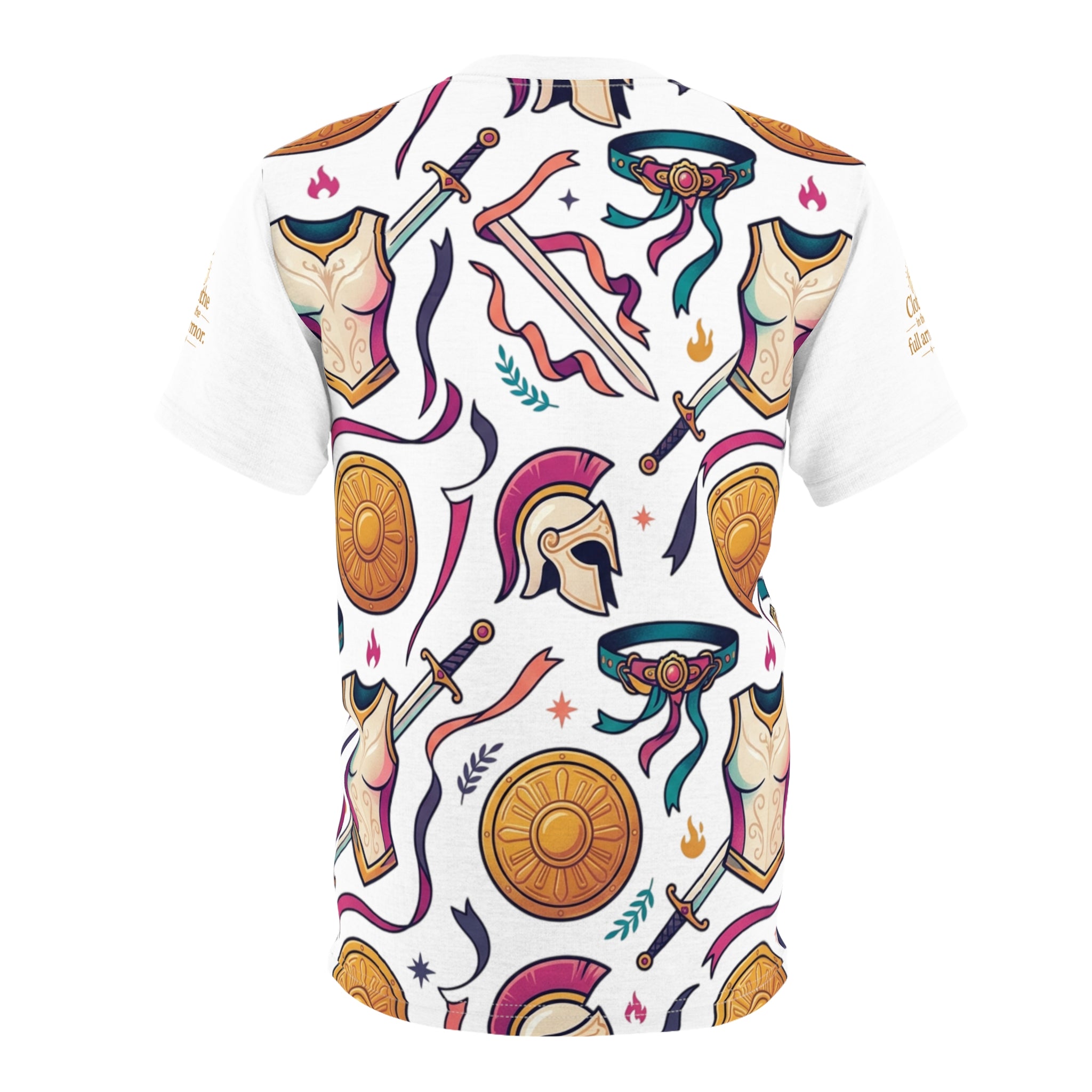 Warrior Armor(Ephesians 6:11) Pattern Tee — Greek Helmet, Shield & Sword All-Over Print