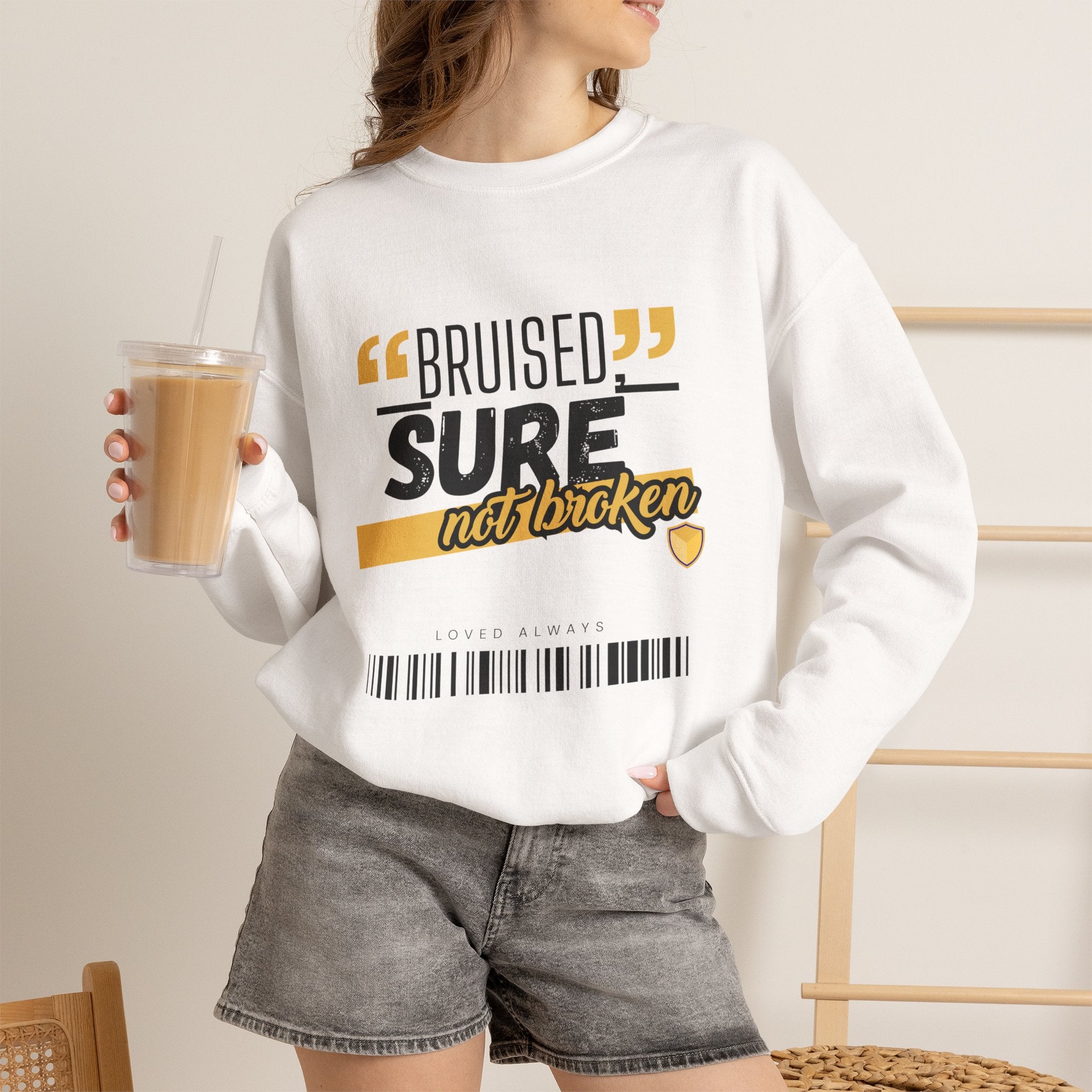 Christian Crewneck Sweatshirt — "Bruised, Sure Not Broken" Inspirational Recovery Sweatshirt
