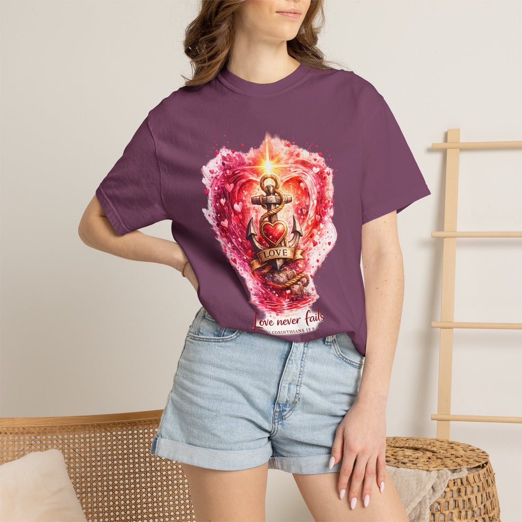 Christian T‑Shirt — 'Love Never Fails' Anchor Heart Graphic Tee