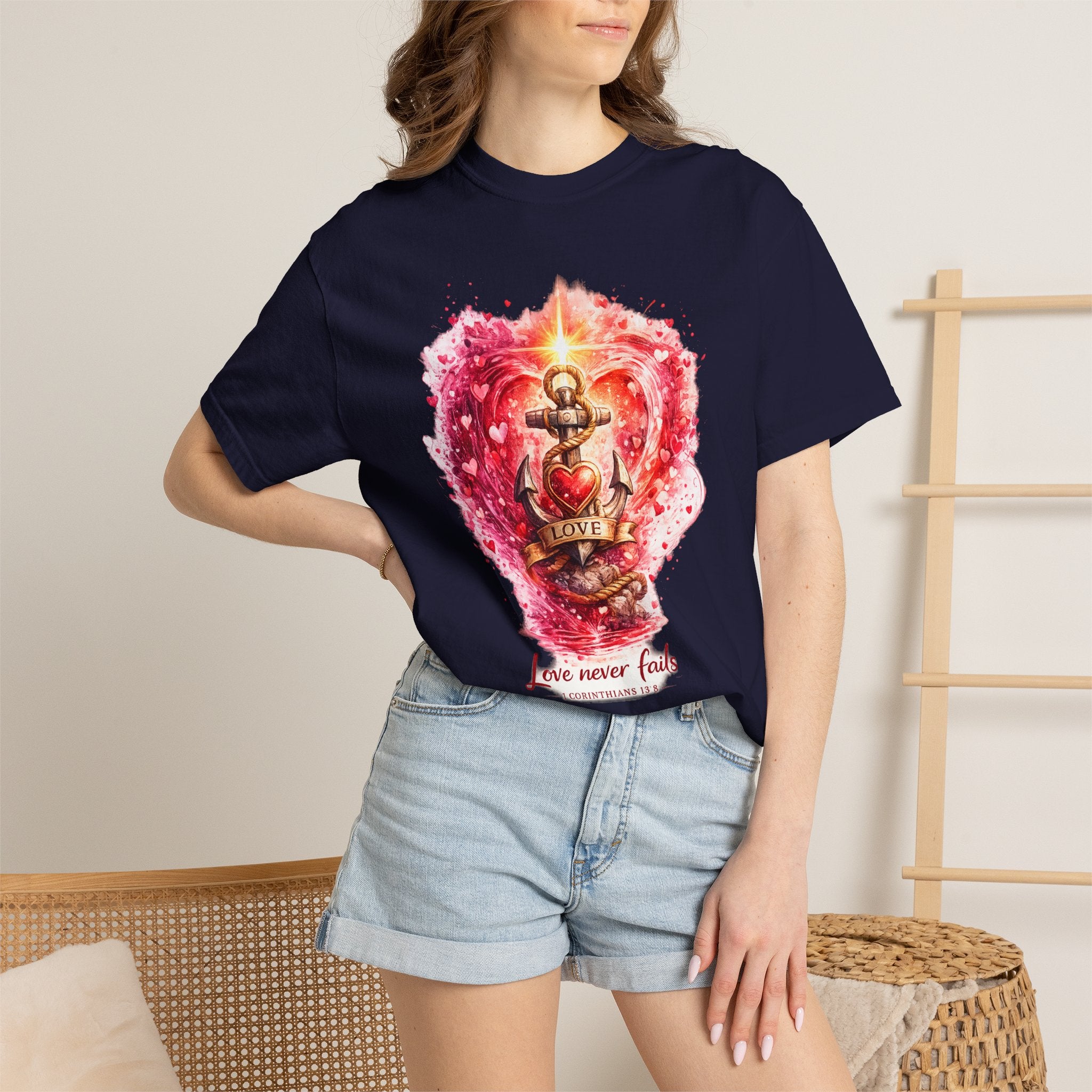 Christian T‑Shirt — 'Love Never Fails' Anchor Heart Graphic Tee