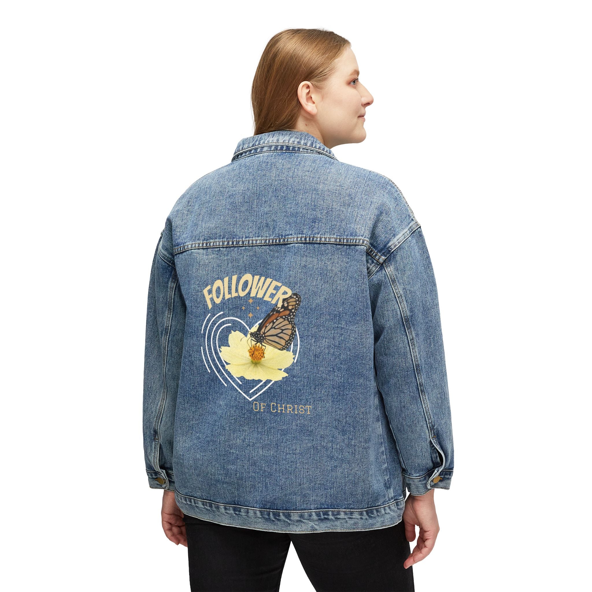 Women's Christian Denim Jacket — Follower of Christ Floral Butterfly Back