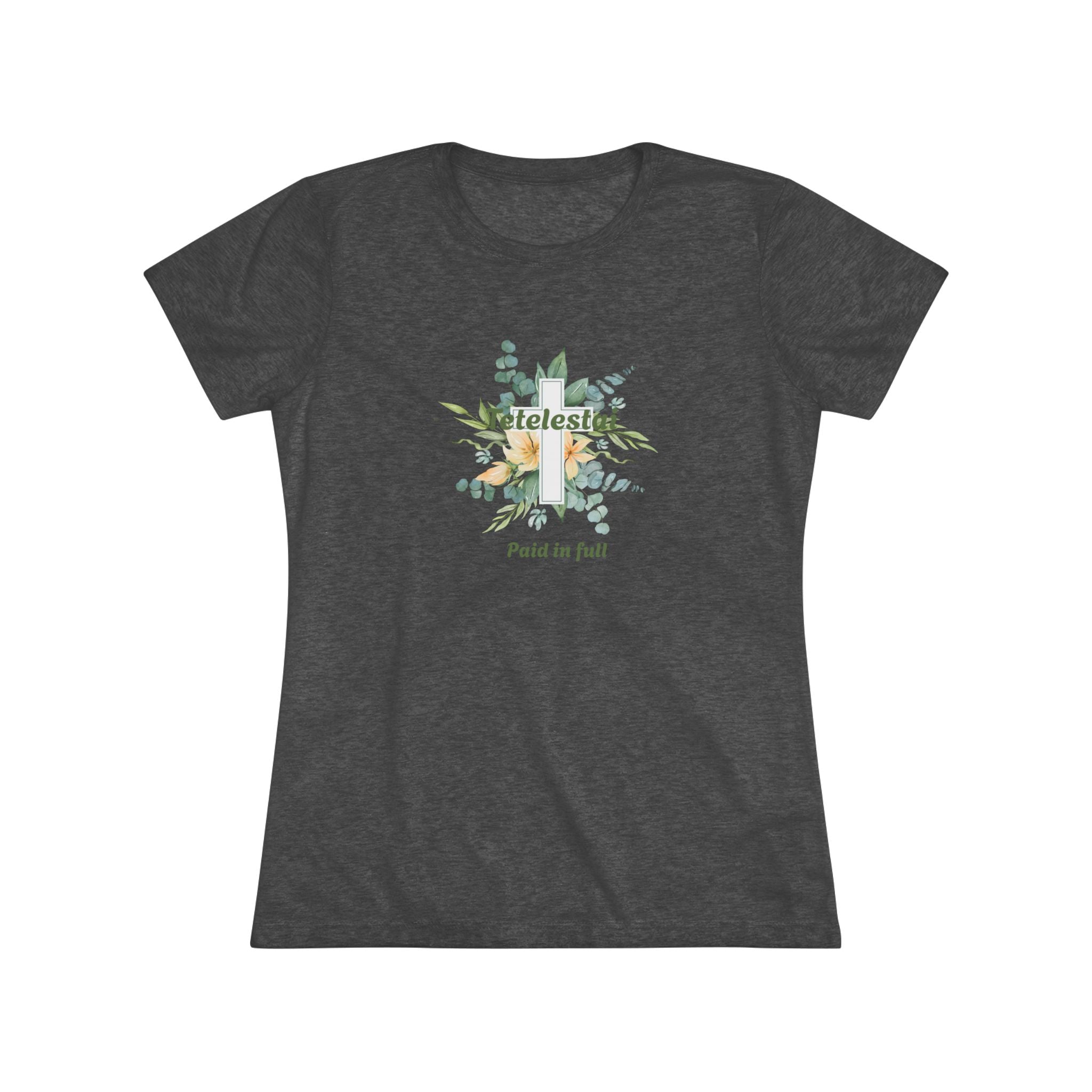 Christian Women's Tee — "Paid in Full" Tetelestai Floral Cross Faith T-Shirt