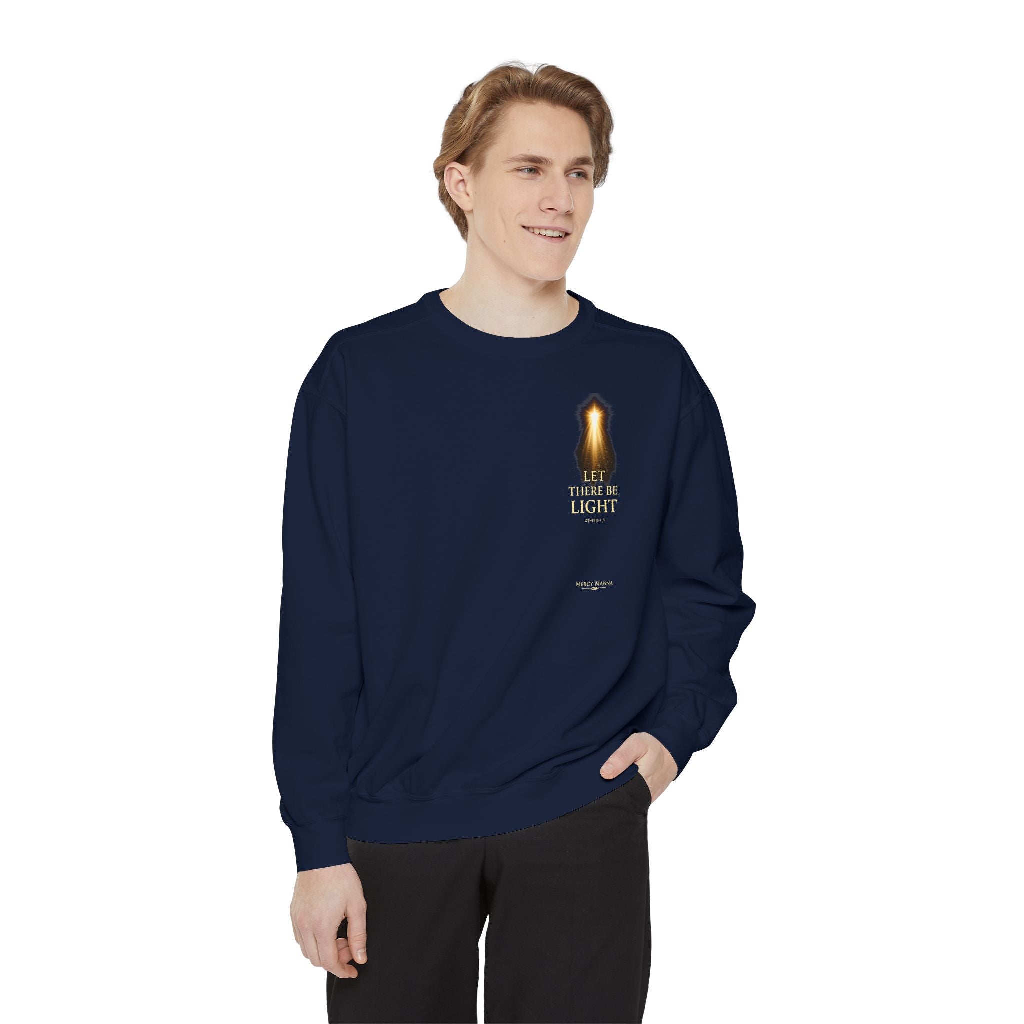 Christian Crewneck Sweatshirt — "Let There Be Light" Cozy Religious Light Figurine Sweatshirt