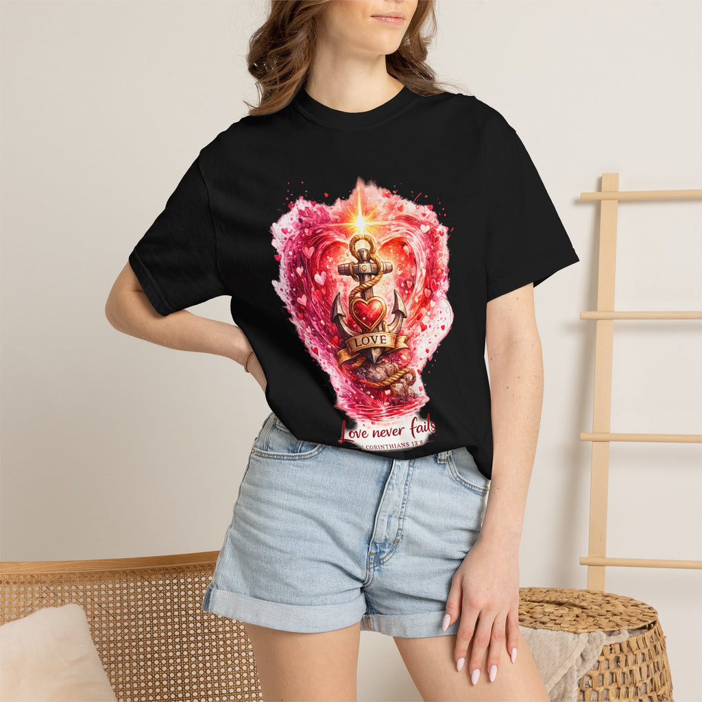 Christian T‑Shirt — 'Love Never Fails' Anchor Heart Graphic Tee