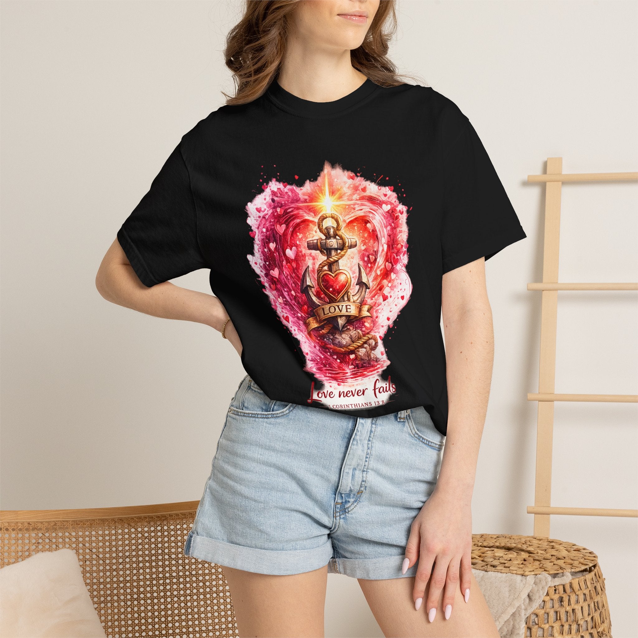 Christian T‑Shirt — 'Love Never Fails' Anchor Heart Graphic Tee