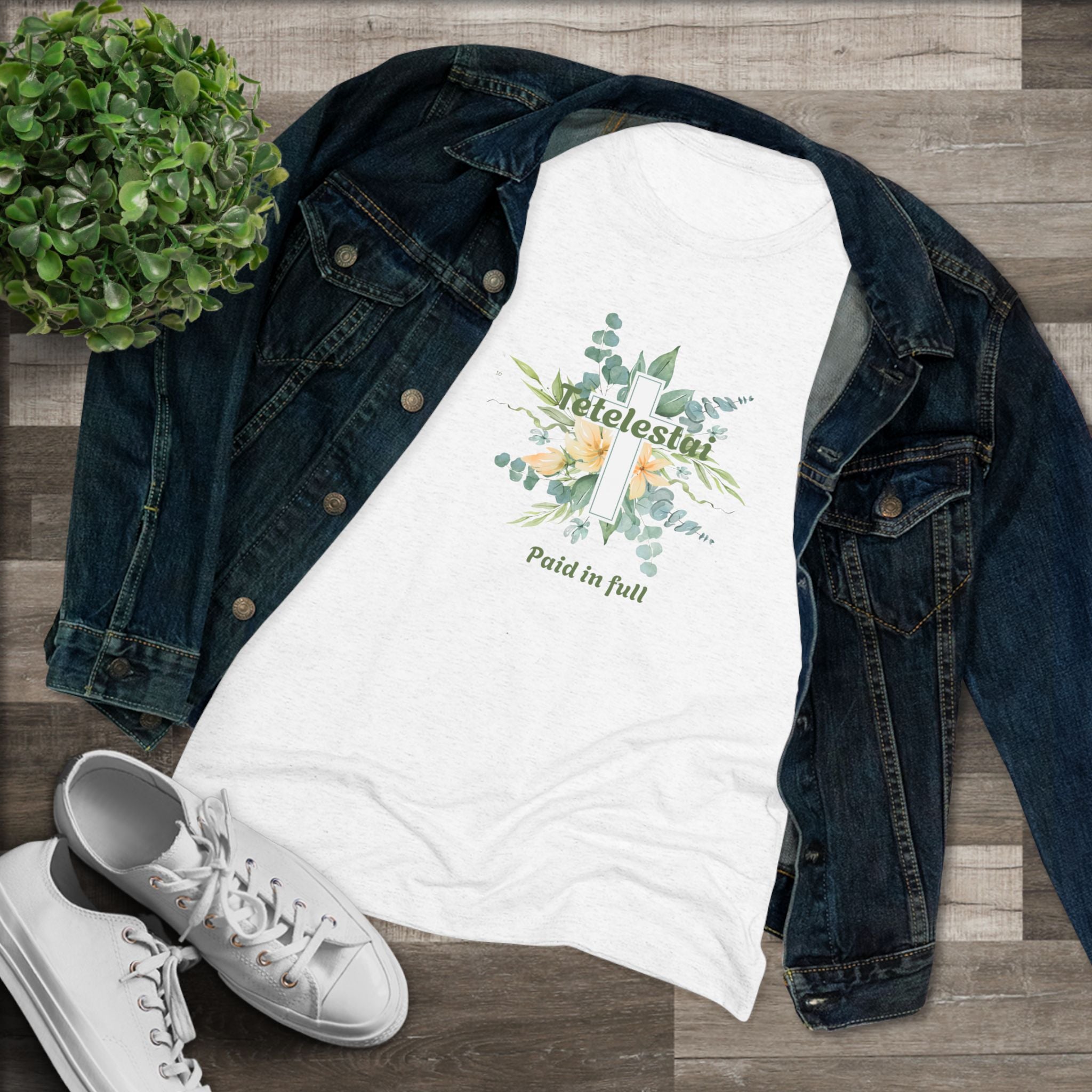 Christian Women's Tee — "Paid in Full" Tetelestai Floral Cross Faith T-Shirt