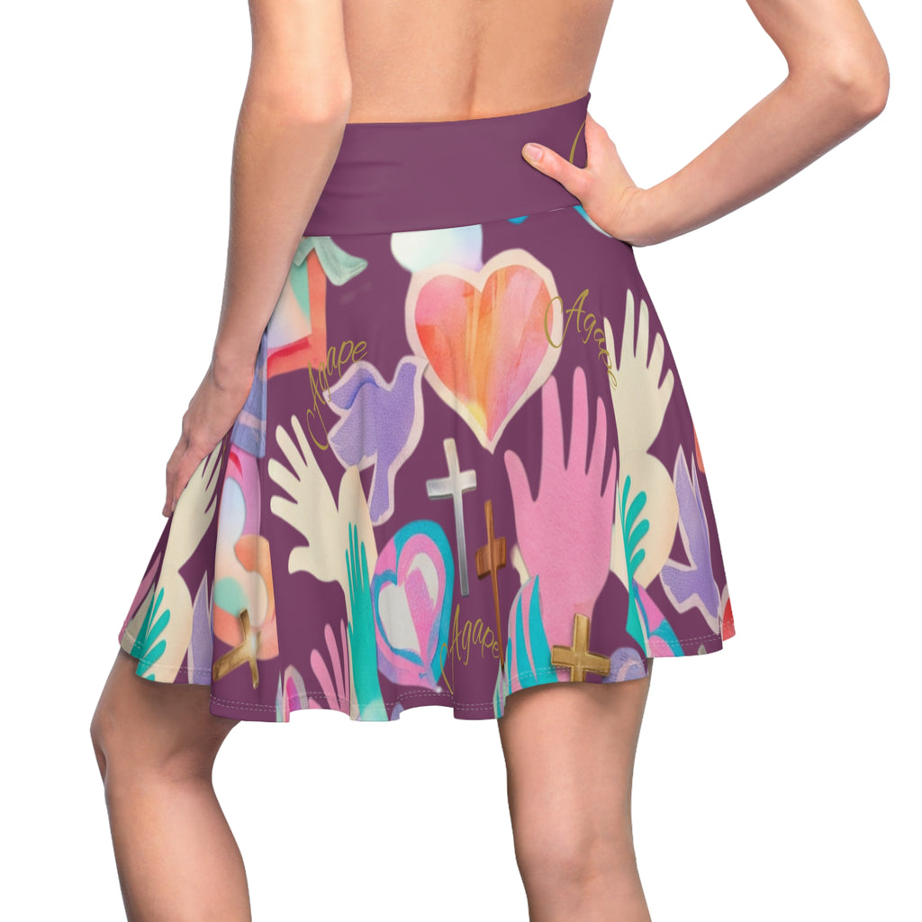 Christian Skater Skirt — Faith & Love Floral Hands, Hearts & Cross All-Over Print