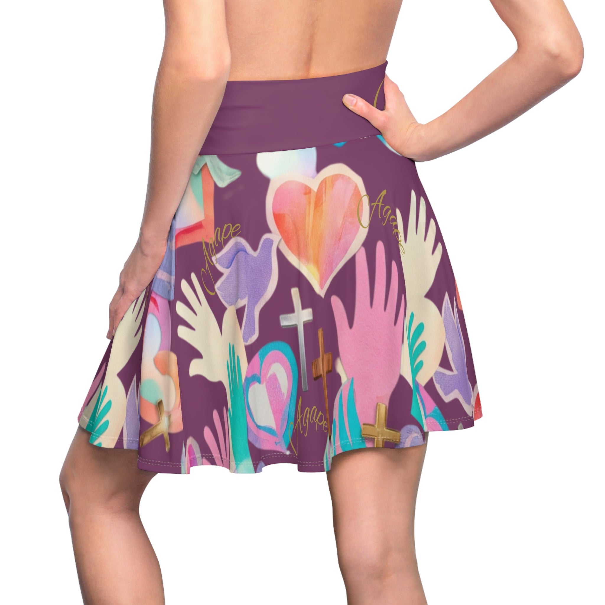 Christian Skater Skirt — Faith & Love Floral Hands, Hearts & Cross All-Over Print