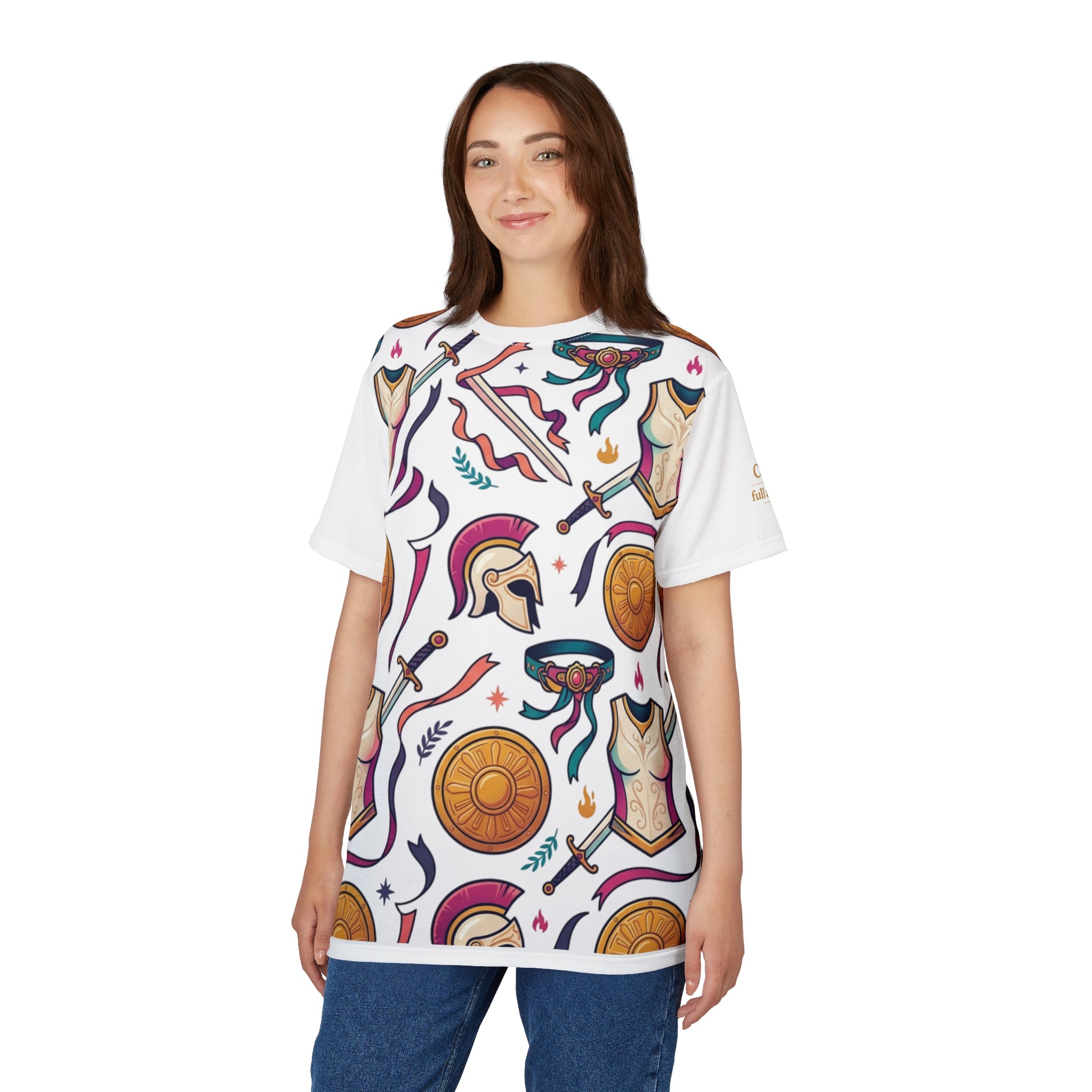 Warrior Armor(Ephesians 6:11) Pattern Tee — Greek Helmet, Shield & Sword All-Over Print