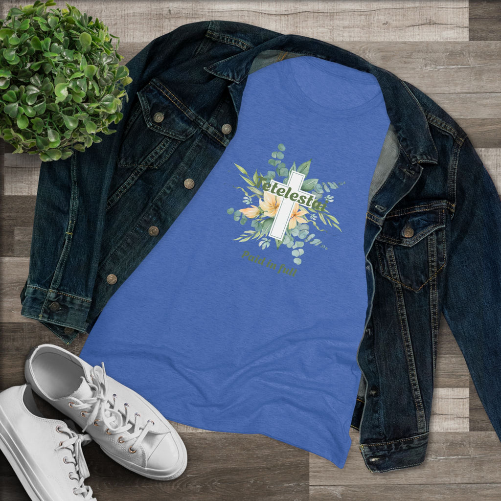 Christian Women's Tee — "Paid in Full" Tetelestai Floral Cross Faith T-Shirt