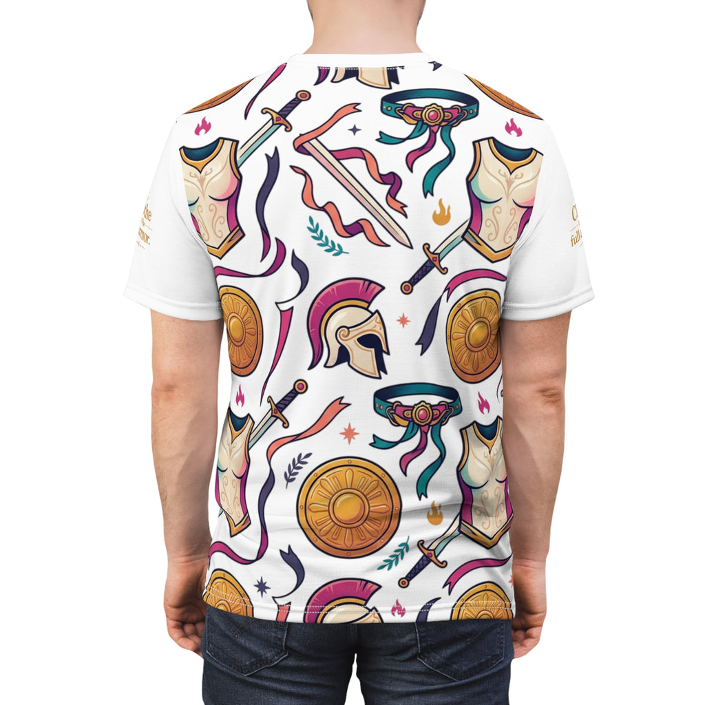 Warrior Armor(Ephesians 6:11) Pattern Tee — Greek Helmet, Shield & Sword All-Over Print