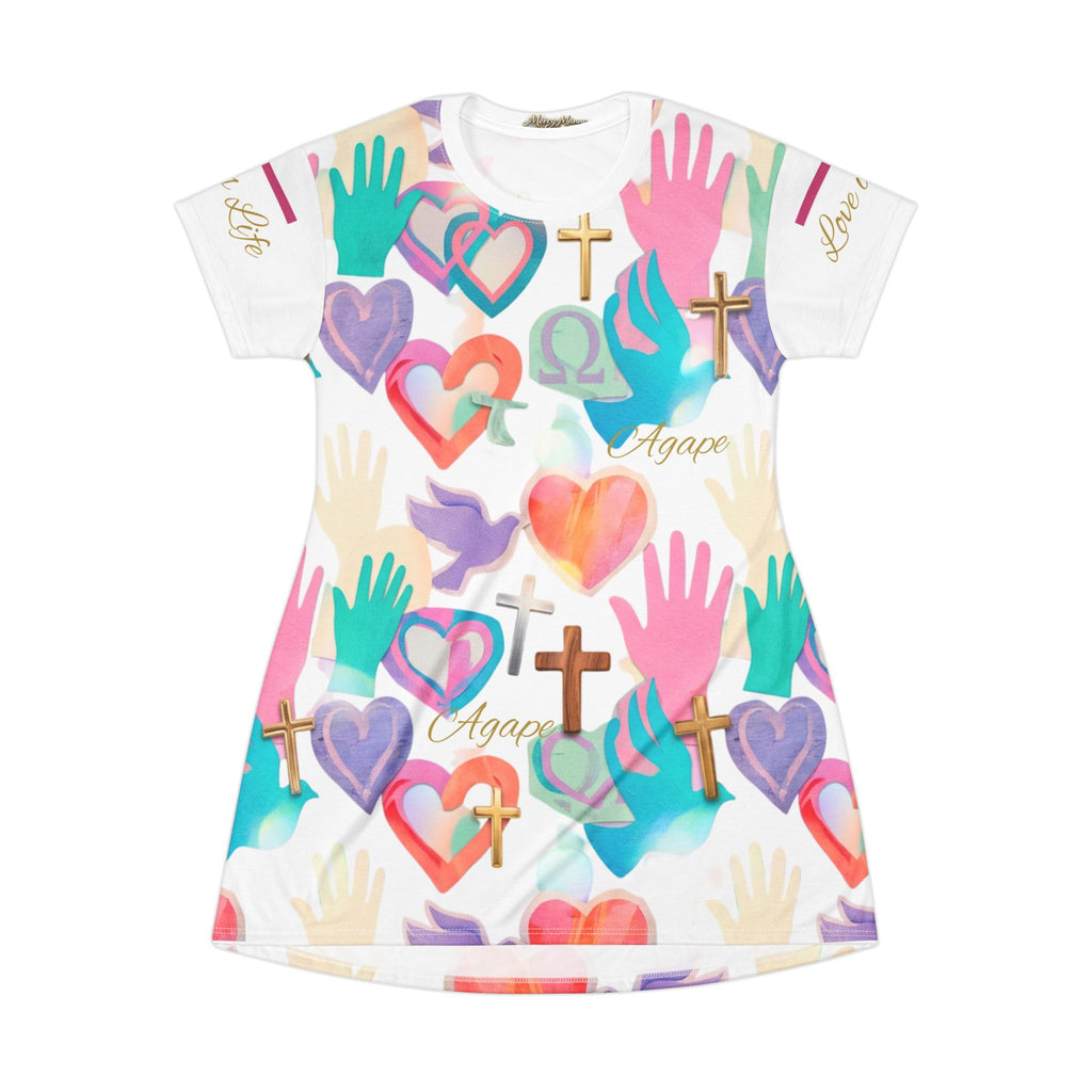 Christian T-Shirt Dress — "Love is Life" Agape Cross, Dove & Heart All-Over Print