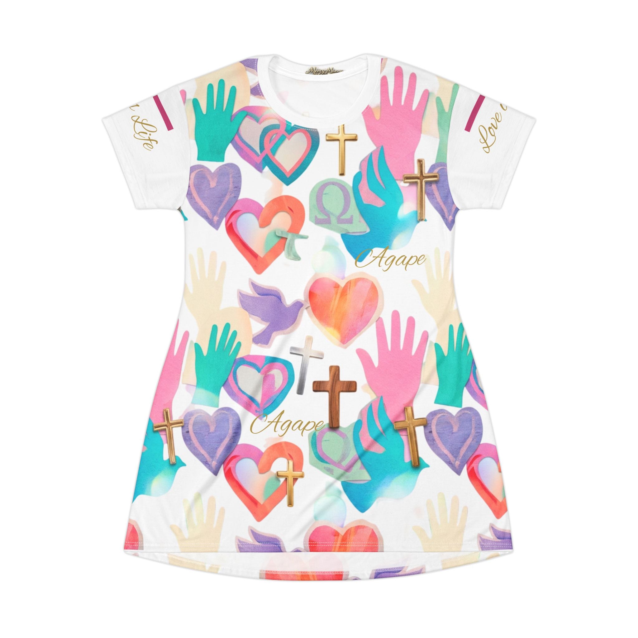 Christian T-Shirt Dress — "Love is Life" Agape Cross, Dove & Heart All-Over Print