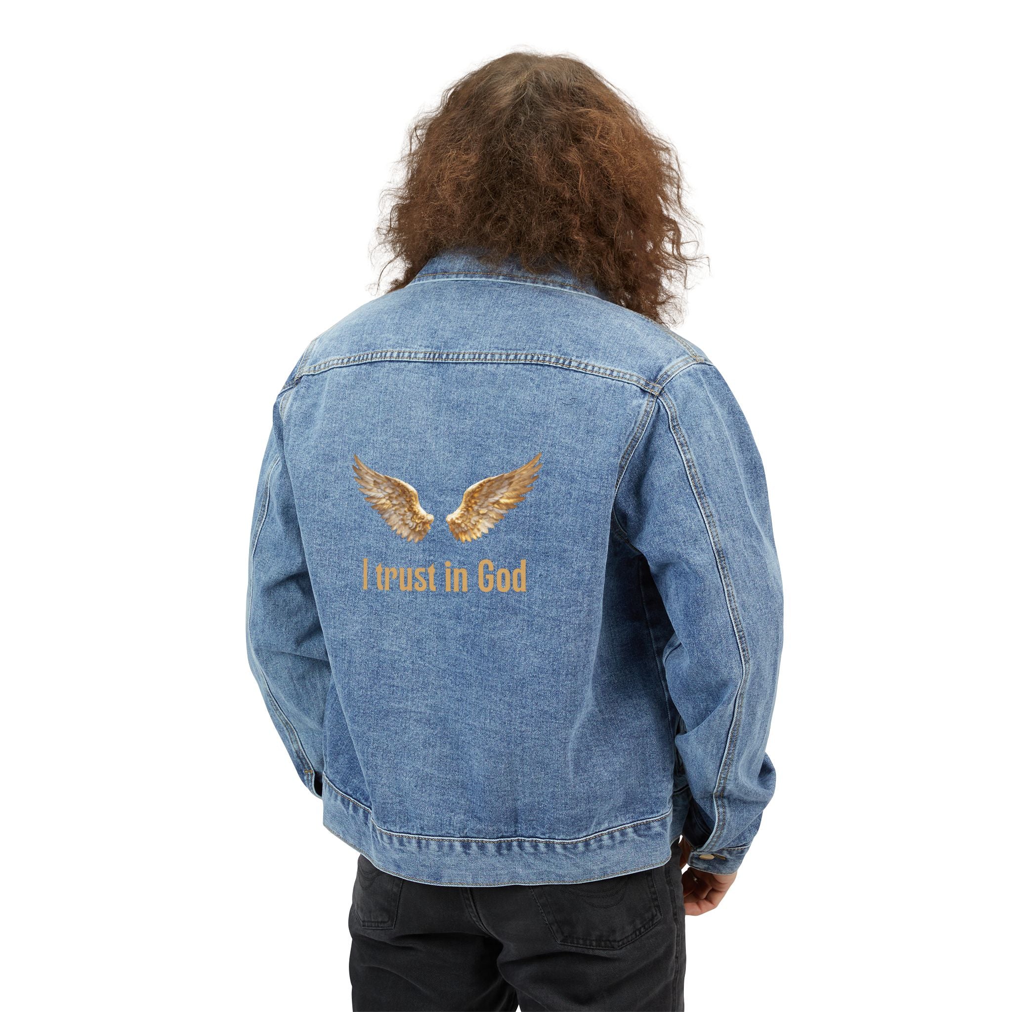 Men's Christian Denim Jacket — "Trust in God" Golden Angel Wings Embroidered Back