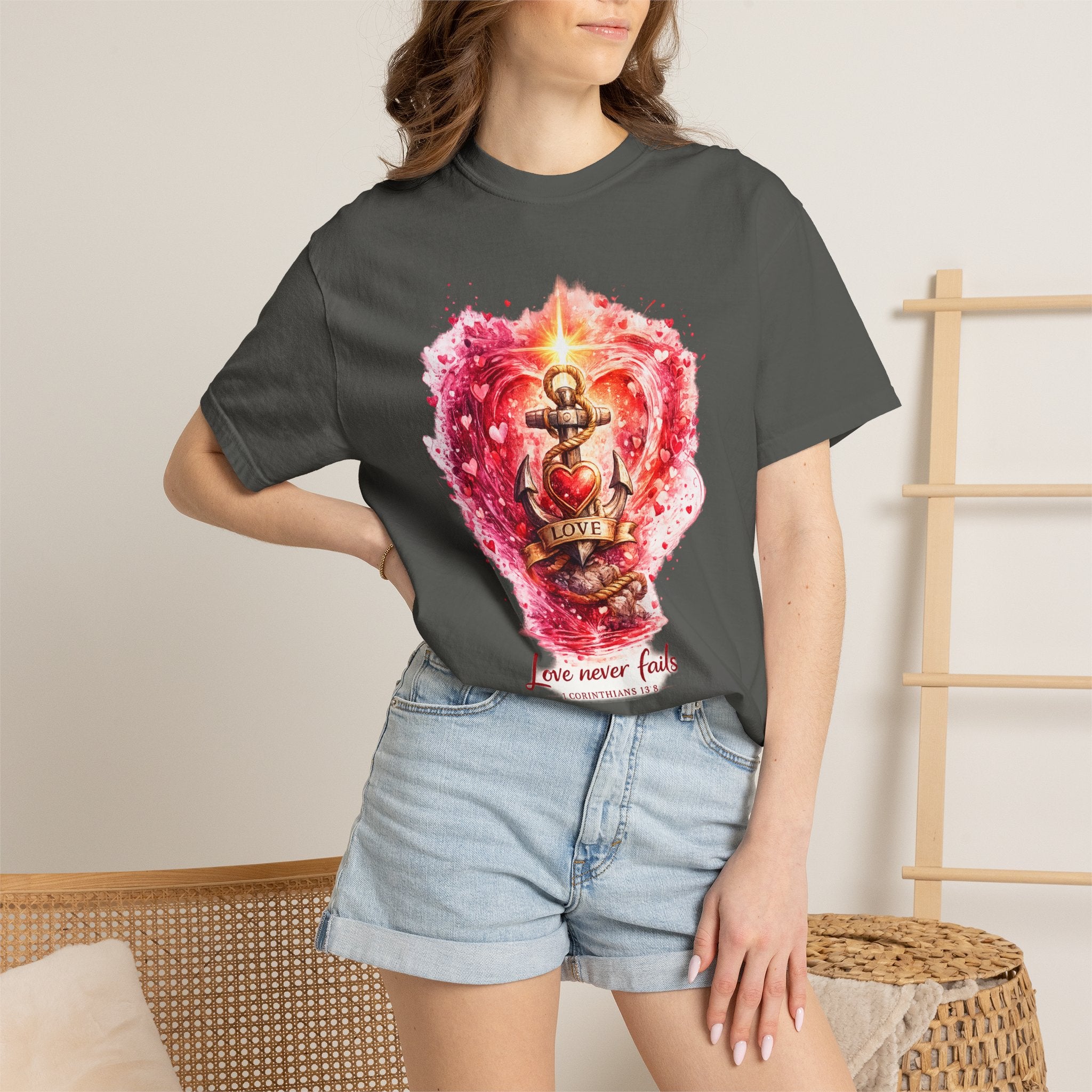 Christian T‑Shirt — 'Love Never Fails' Anchor Heart Graphic Tee