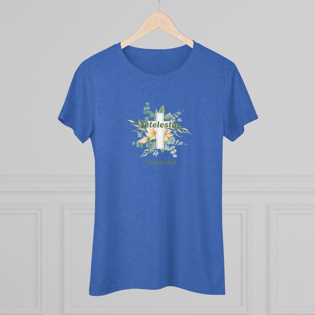 Christian Women's Tee — "Paid in Full" Tetelestai Floral Cross Faith T-Shirt