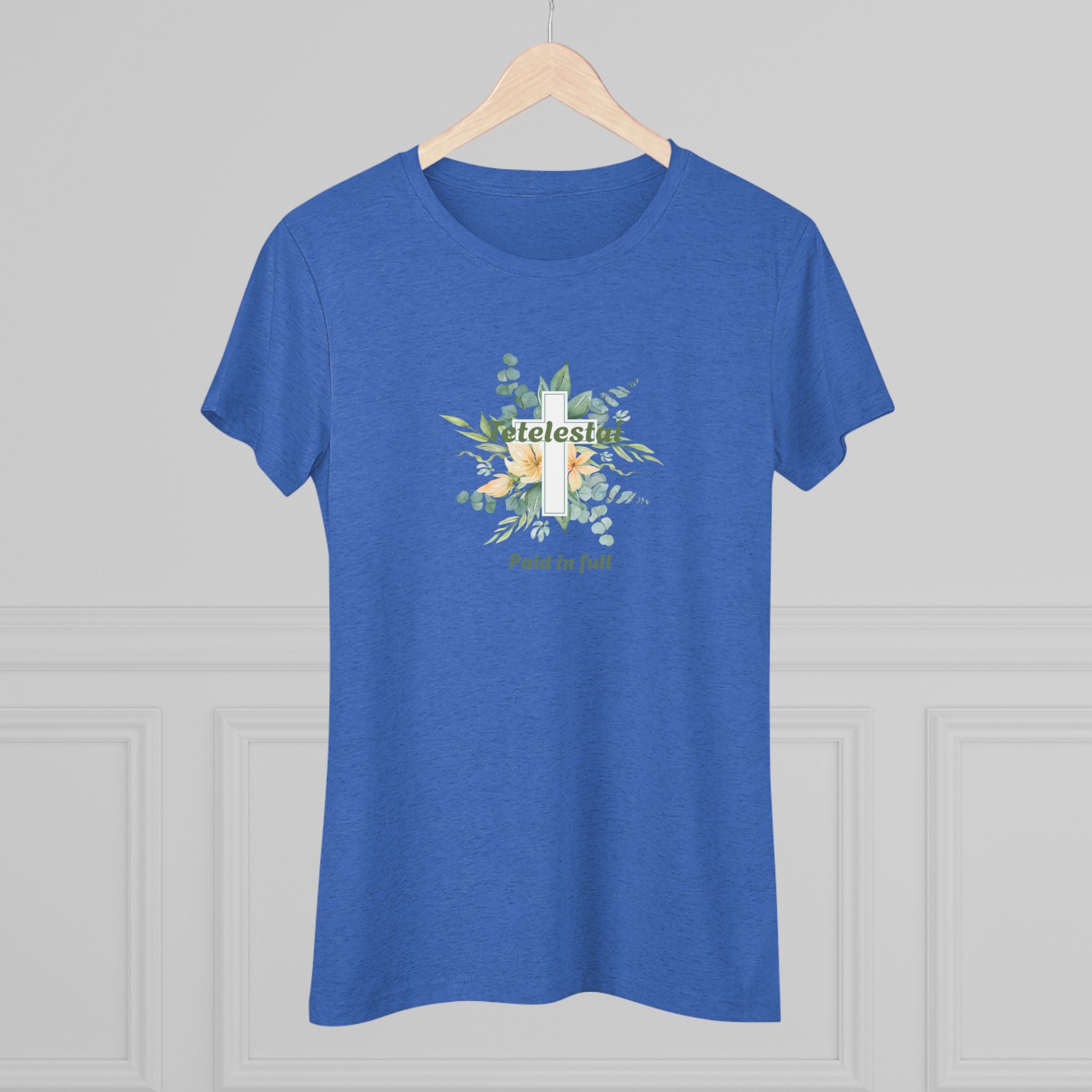Christian Women's Tee — "Paid in Full" Tetelestai Floral Cross Faith T-Shirt