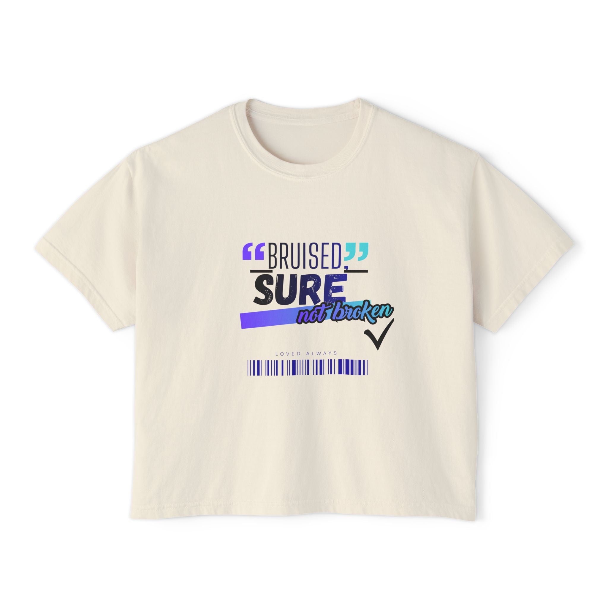 Christian Women's Boxy Tee — "Bruised Sure Not Broken" Retro Surf Faith T-Shirt