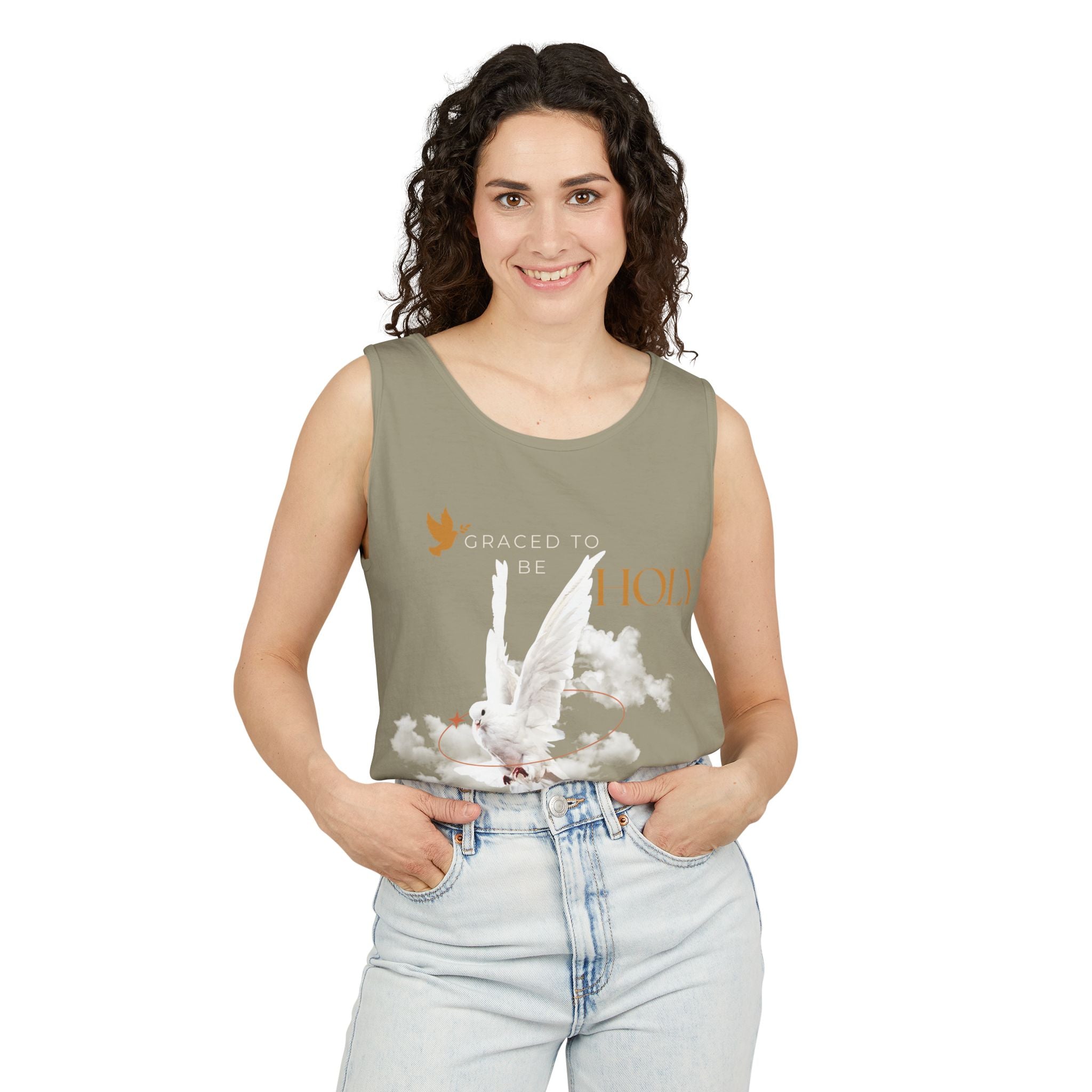 Christian Tank Top — "Graced to Be Holy" Dove Graphic Christian Tank