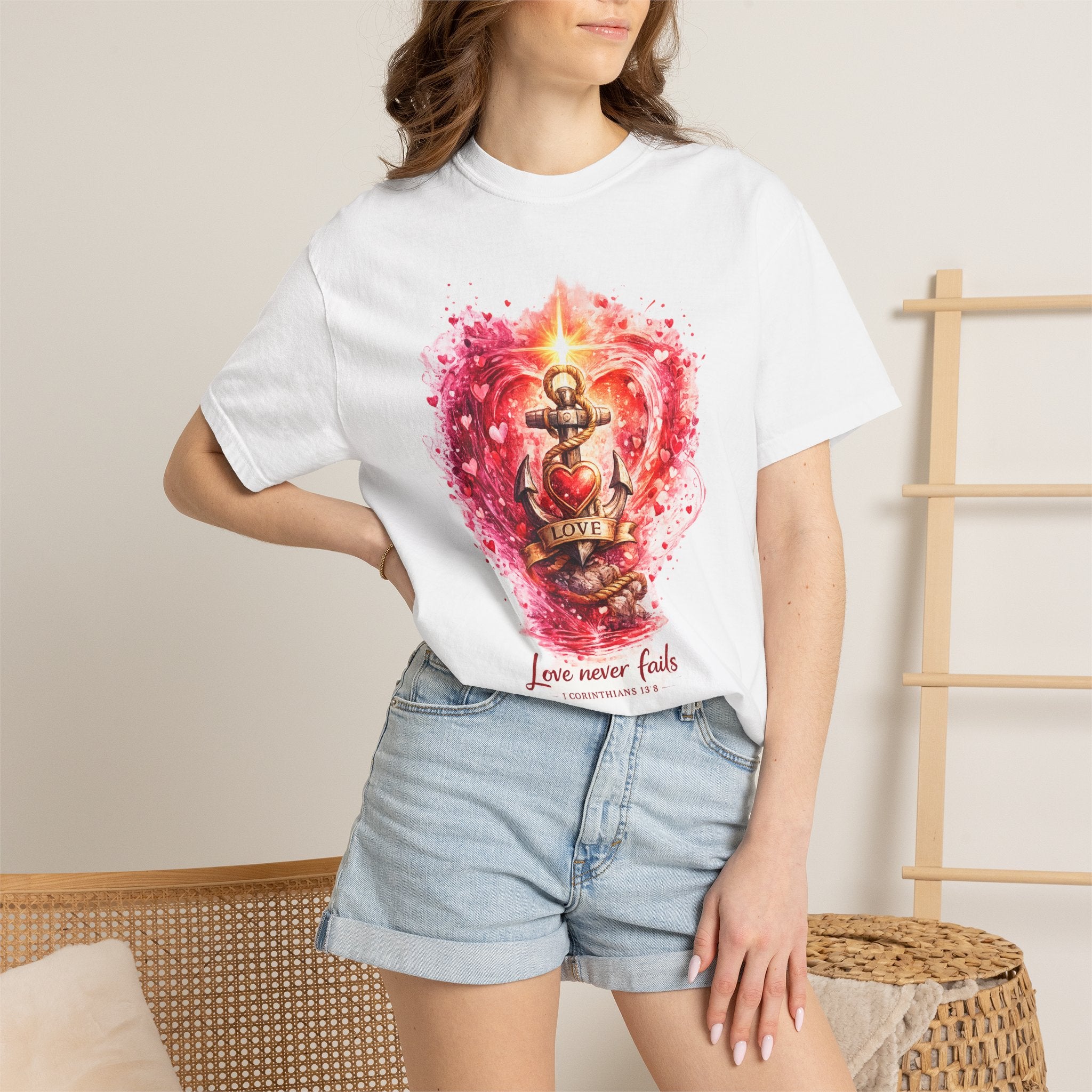 Christian T‑Shirt — 'Love Never Fails' Anchor Heart Graphic Tee