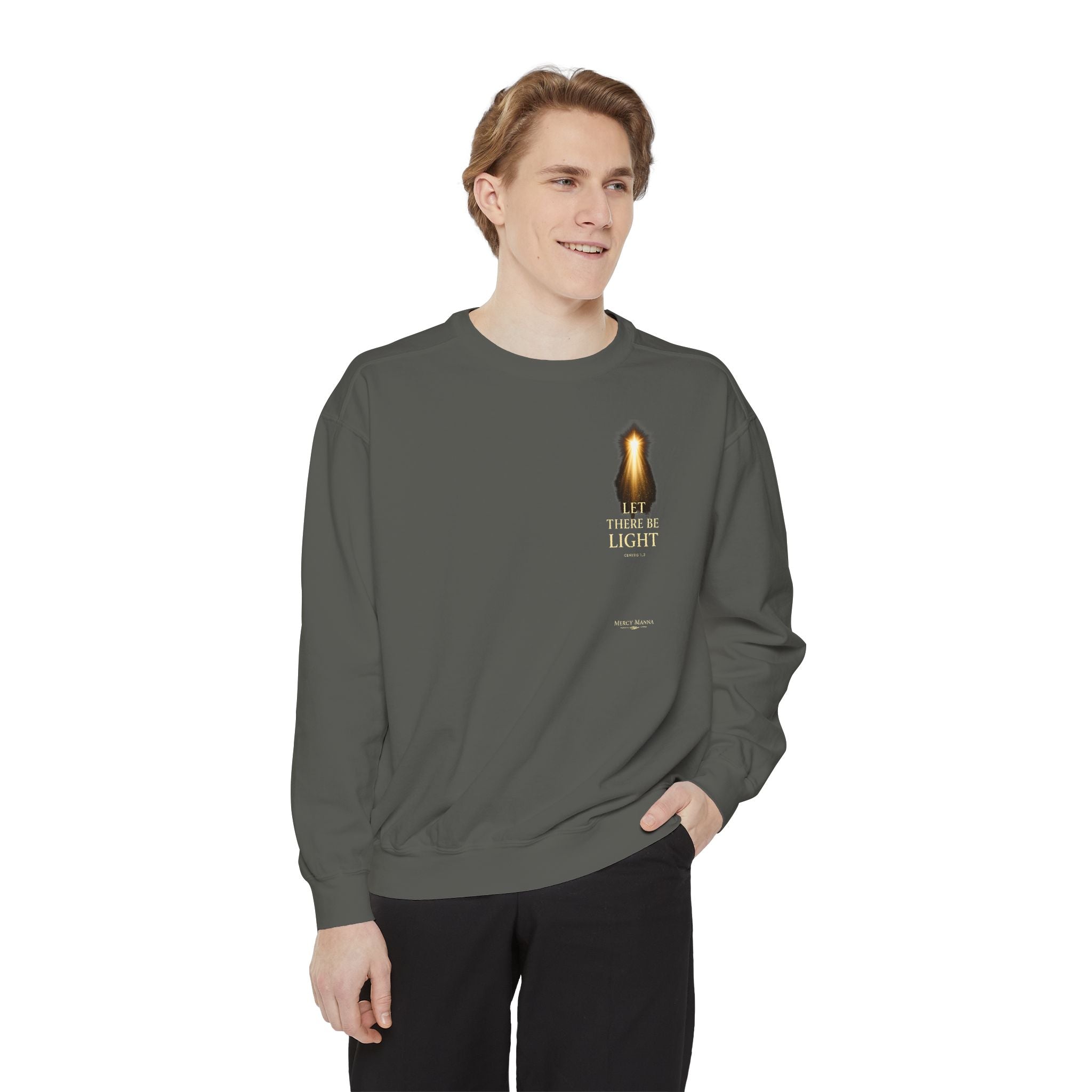 Christian Crewneck Sweatshirt — "Let There Be Light" Cozy Religious Light Figurine Sweatshirt