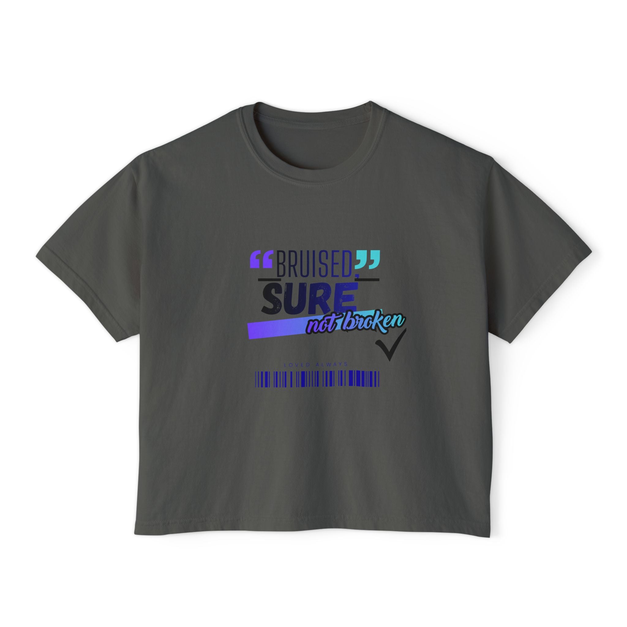 Christian Women's Boxy Tee — "Bruised Sure Not Broken" Retro Surf Faith T-Shirt