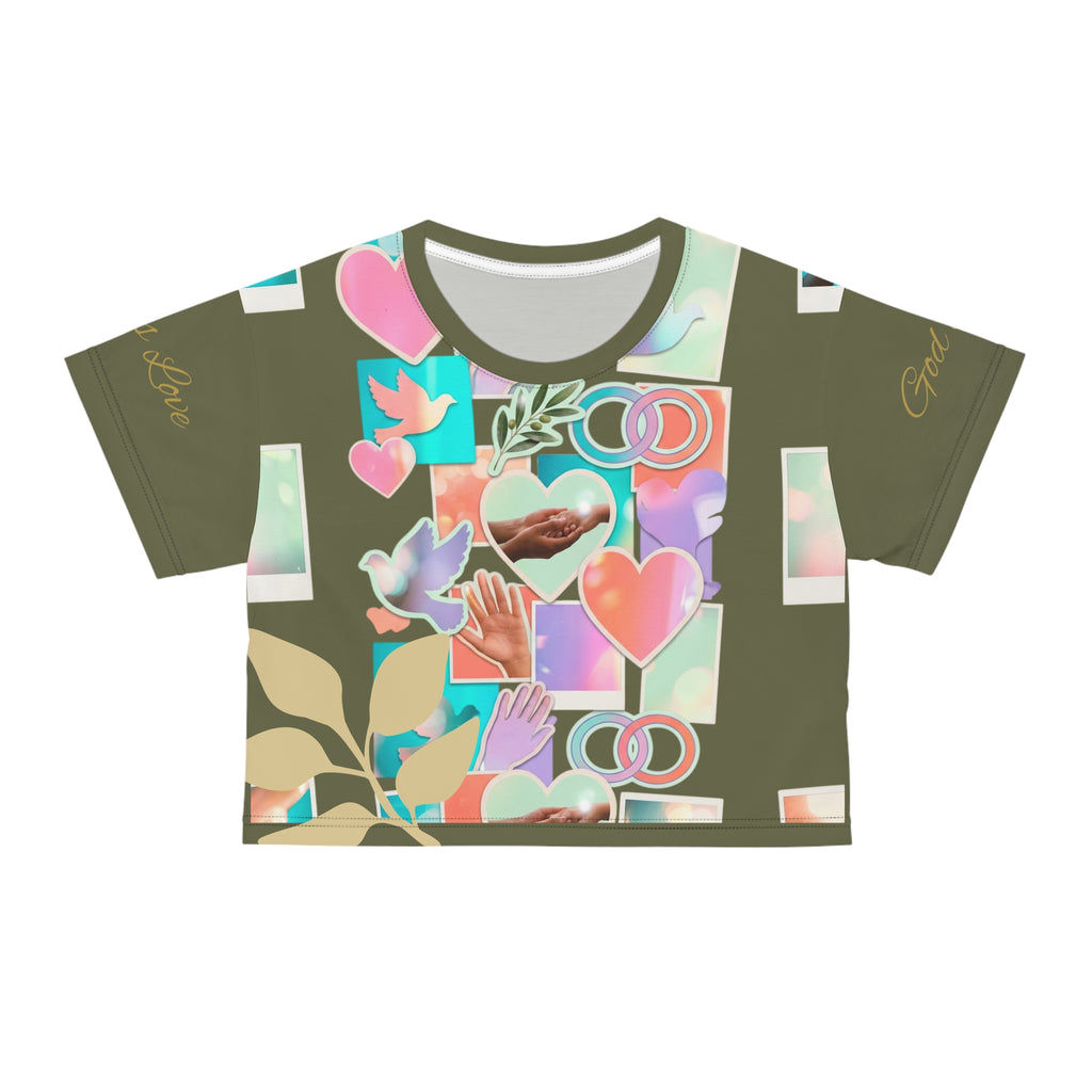 Christian Women's Crop Tee — "Agape: God is Love" All-Over Print Faith T-Shirt
