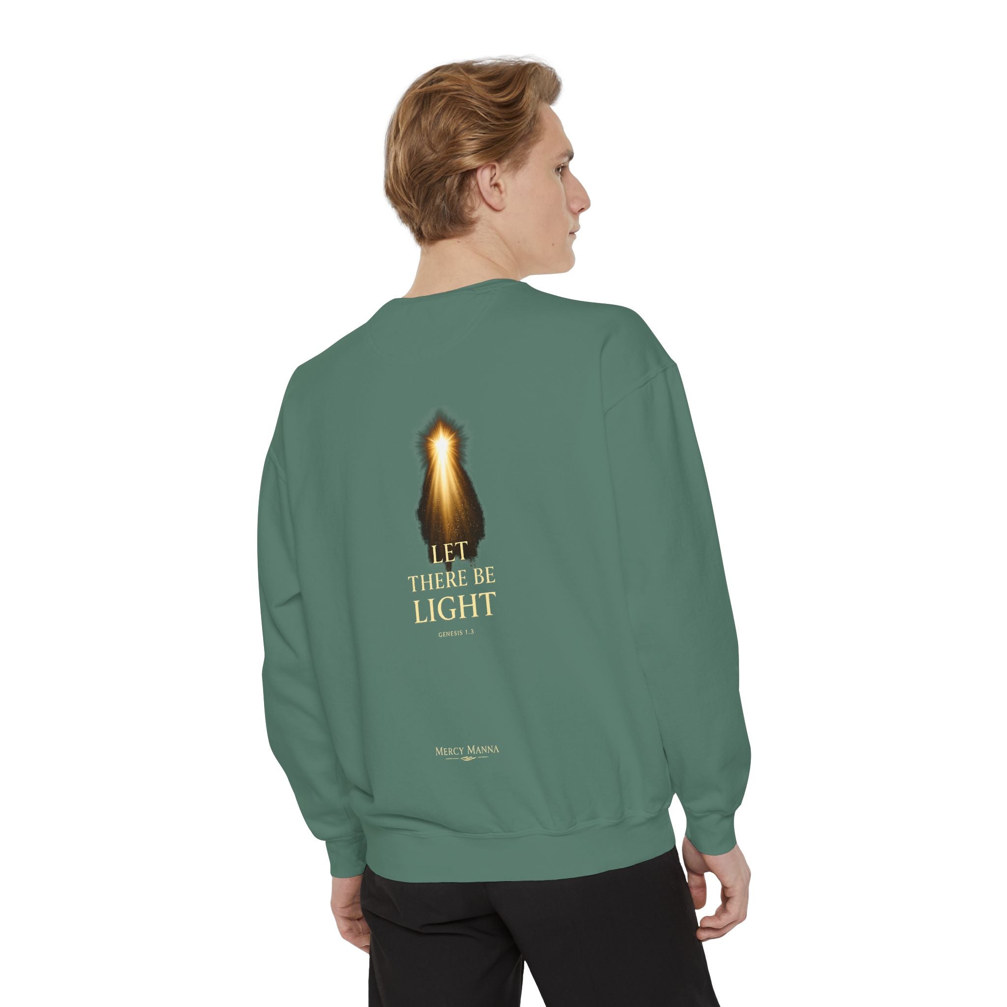 Christian Crewneck Sweatshirt — "Let There Be Light" Cozy Religious Light Figurine Sweatshirt