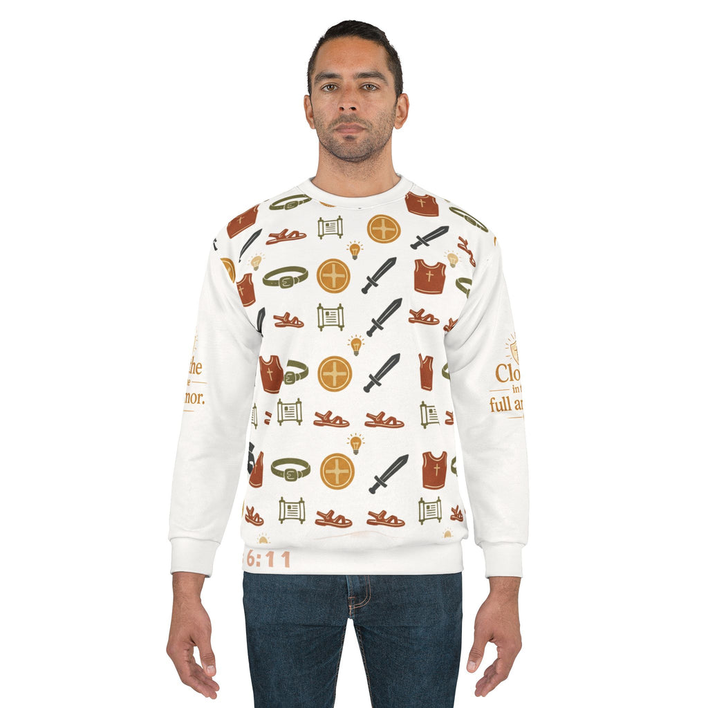 Armor of God Pattern Sweatshirt — Christian Faith Symbols All-Over Print