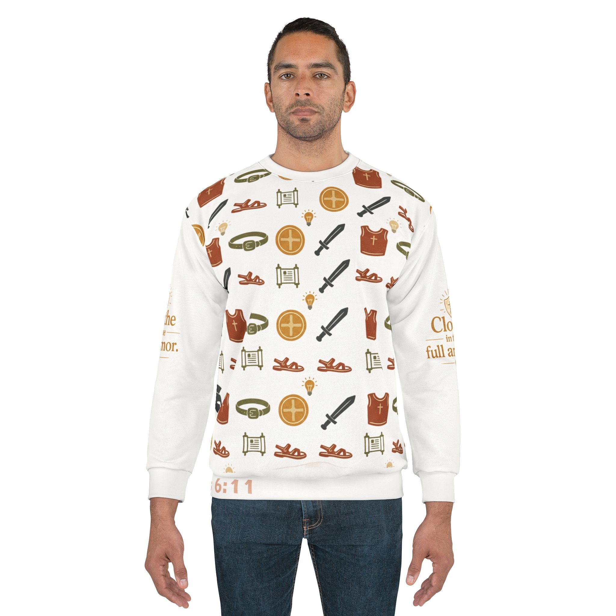 Armor of God Pattern Sweatshirt — Christian Faith Symbols All-Over Print