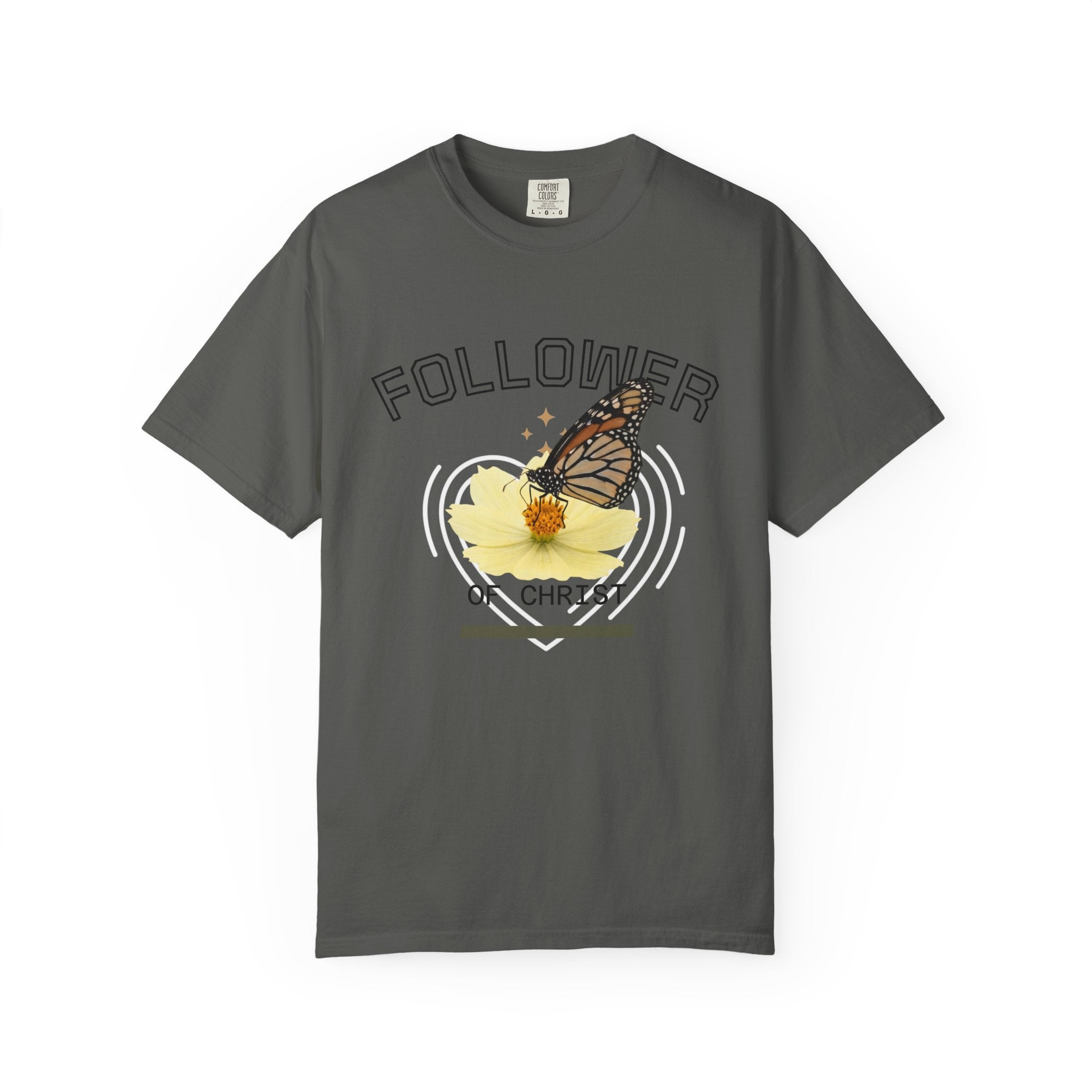 Follower of Christ T-Shirt — Scripture Butterfly Christian Tee (1 Corinthians 11:1) a call to follow.