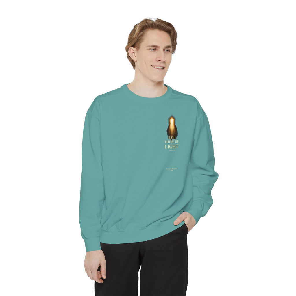 Christian Crewneck Sweatshirt — "Let There Be Light" Cozy Religious Light Figurine Sweatshirt