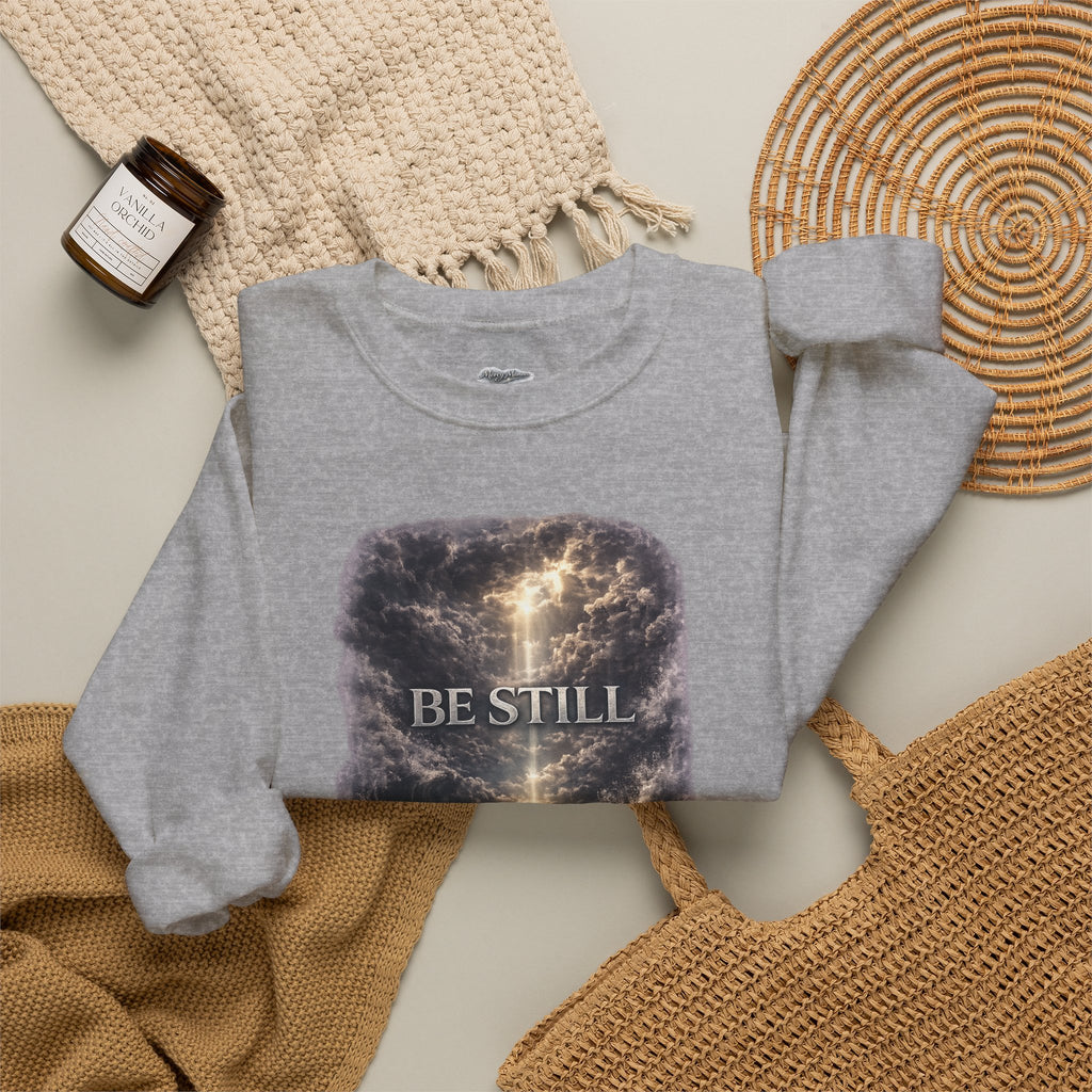 Christian Crewneck Sweatshirt — "Be Still" Psalm 46:10 Inspirational Faith Sweatshirt
