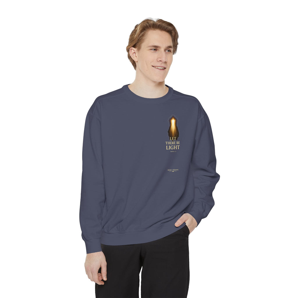 Christian Crewneck Sweatshirt — "Let There Be Light" Cozy Religious Light Figurine Sweatshirt