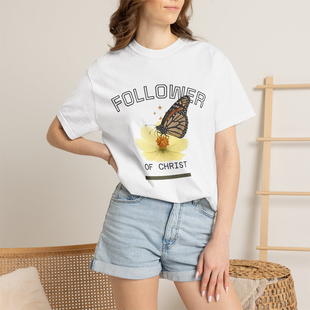 Follower of Christ T-Shirt — Scripture Butterfly Christian Tee (1 Corinthians 11:1) a call to follow.