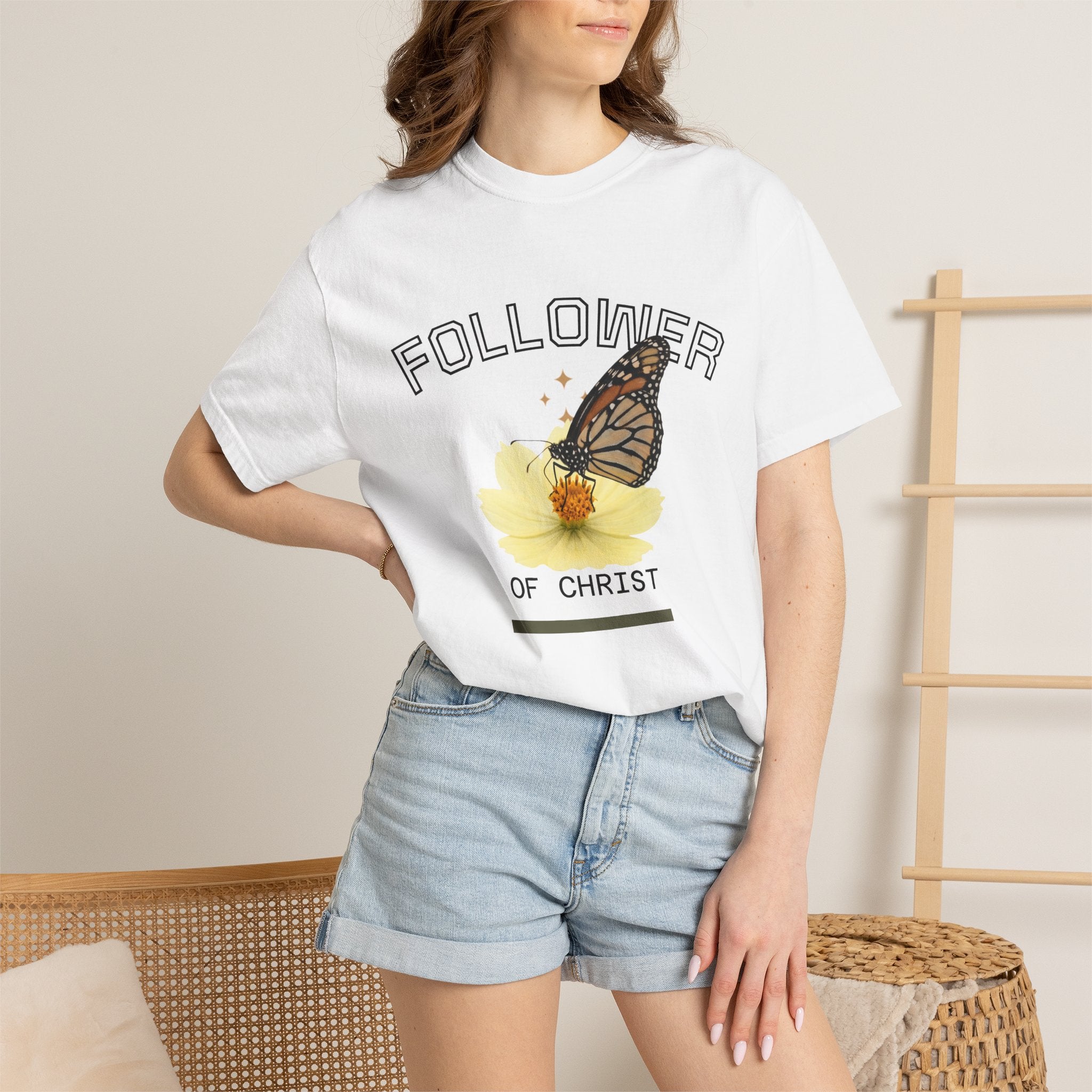 Follower of Christ T-Shirt — Scripture Butterfly Christian Tee (1 Corinthians 11:1) a call to follow.