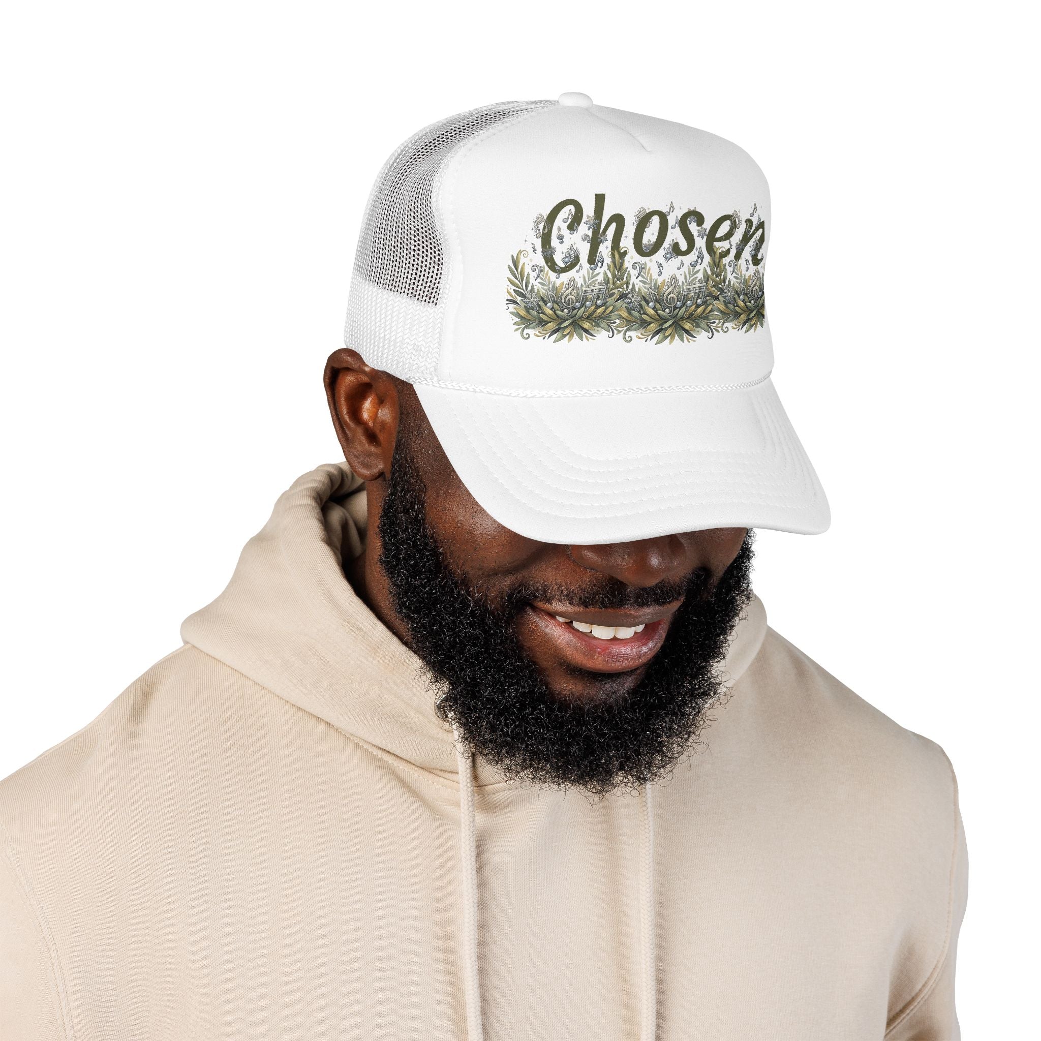 Chosen Floral Trucker Hat – Embroidered-Inspired Garden Script Foam Cap