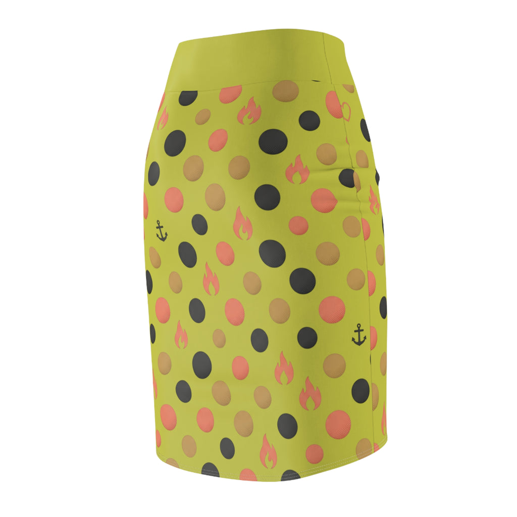 Beloved Yellow Polka Dot Pencil Skirt — Faith Anchor & Flame Pattern