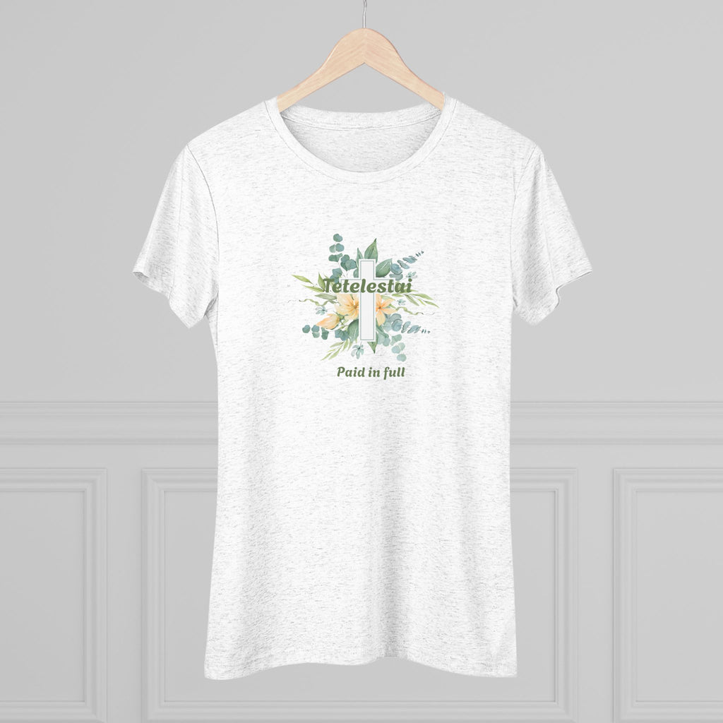 Christian Women's Tee — "Paid in Full" Tetelestai Floral Cross Faith T-Shirt