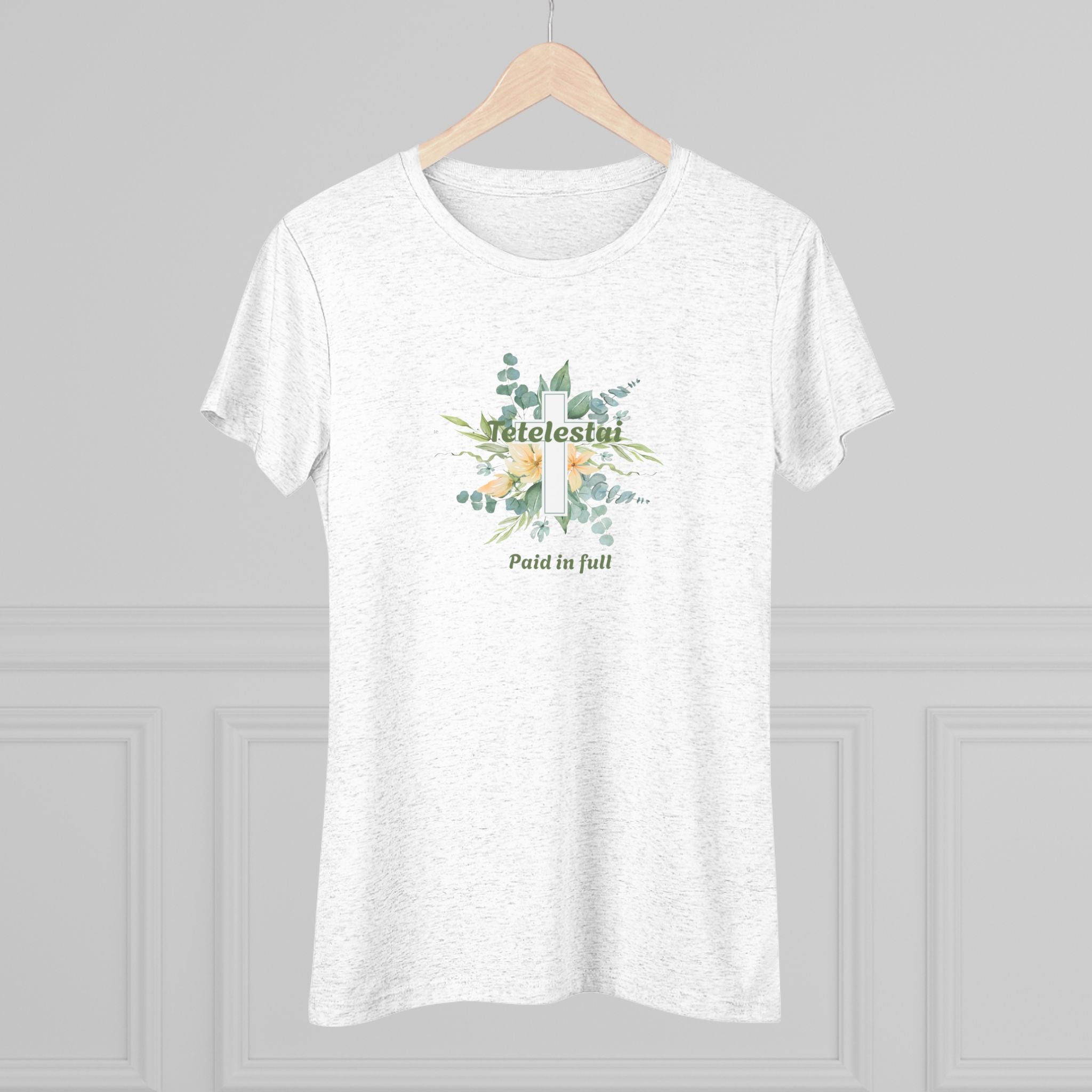 Christian Women's Tee — "Paid in Full" Tetelestai Floral Cross Faith T-Shirt
