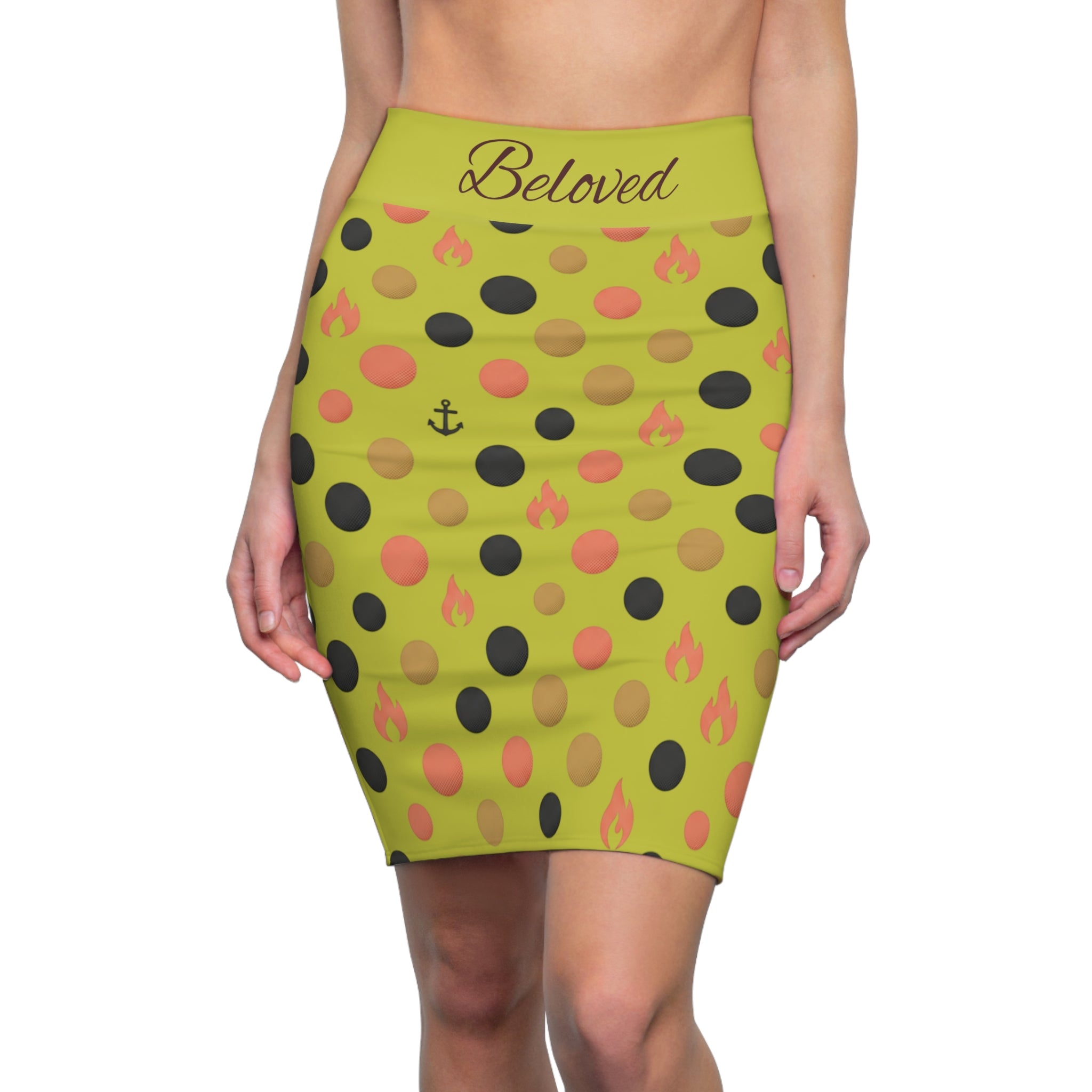 Beloved Yellow Polka Dot Pencil Skirt — Faith Anchor & Flame Pattern