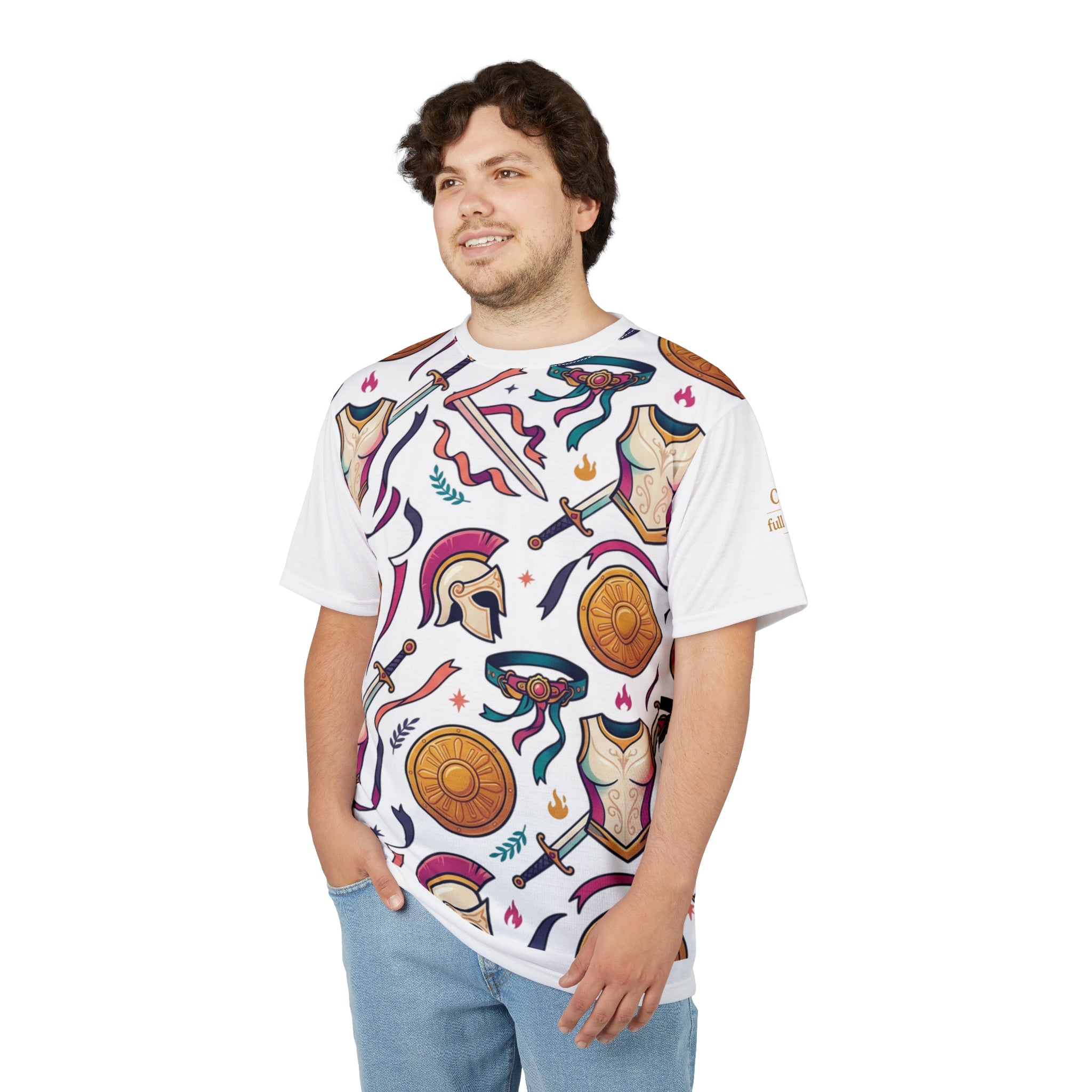 Warrior Armor(Ephesians 6:11) Pattern Tee — Greek Helmet, Shield & Sword All-Over Print