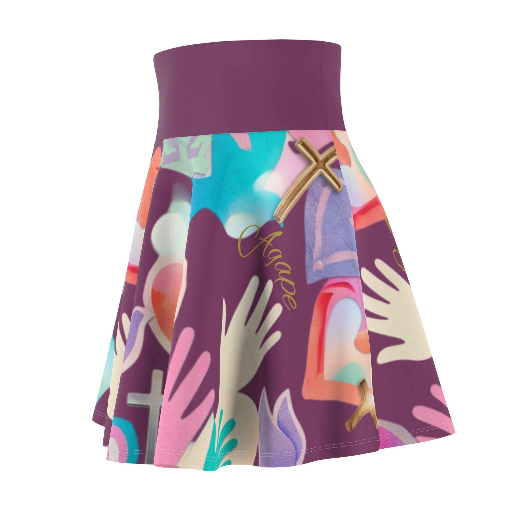 Christian Skater Skirt — Faith & Love Floral Hands, Hearts & Cross All-Over Print